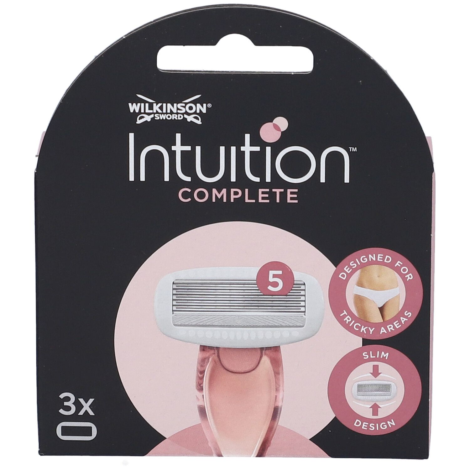 Confezione di ricariche per rasoio. Scritta: Intuition Complete, 5 lame, Designed for tricky areas, 3x.