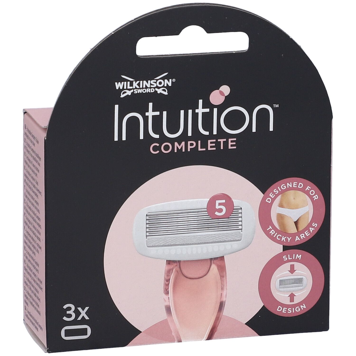 Confezione di ricariche per rasoio. Scritta: Intuition Complete, 5 lame, Designed for tricky areas, 3x.