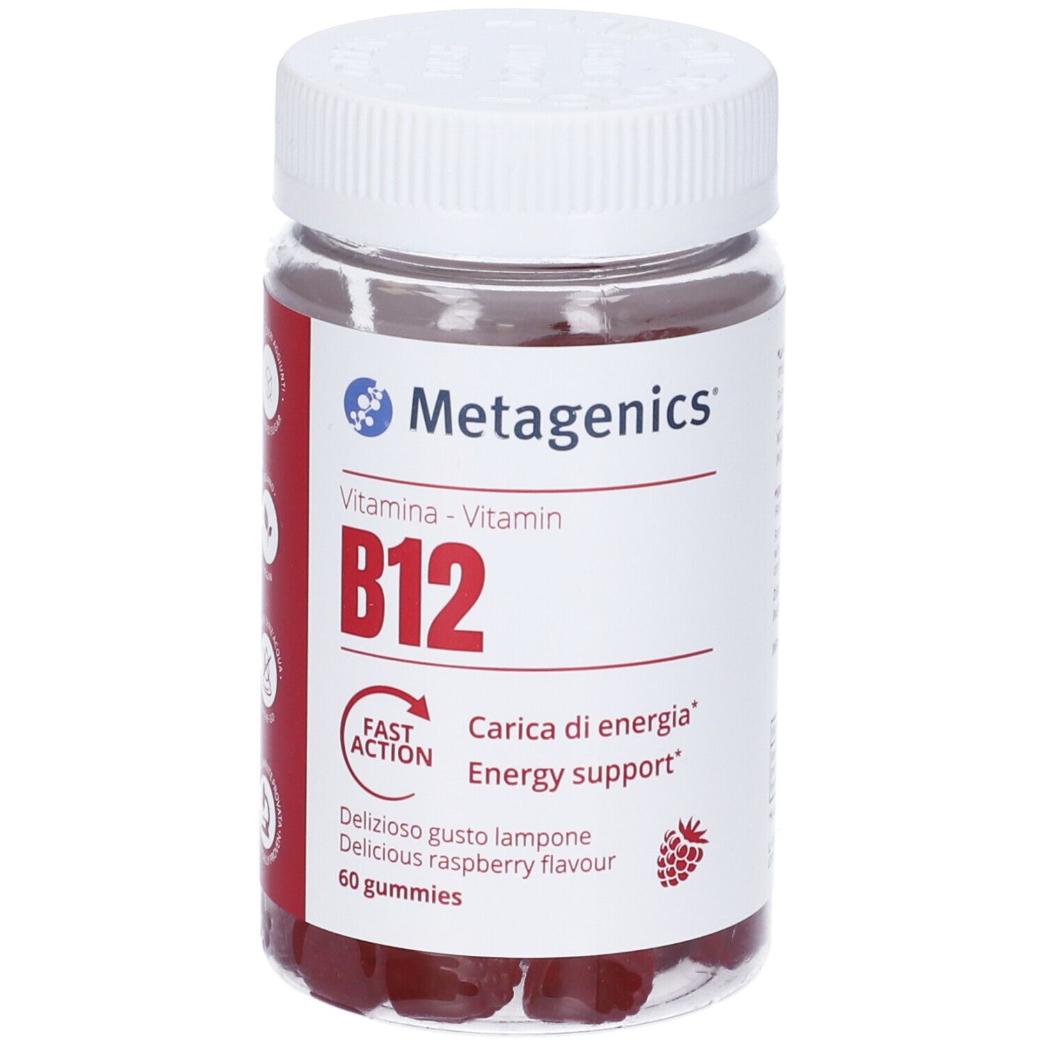 Flacone trasparente con tappo bianco. Gommose rosse visibili. Scritta: Metagenics, Vitamina B12, 60 gommose.