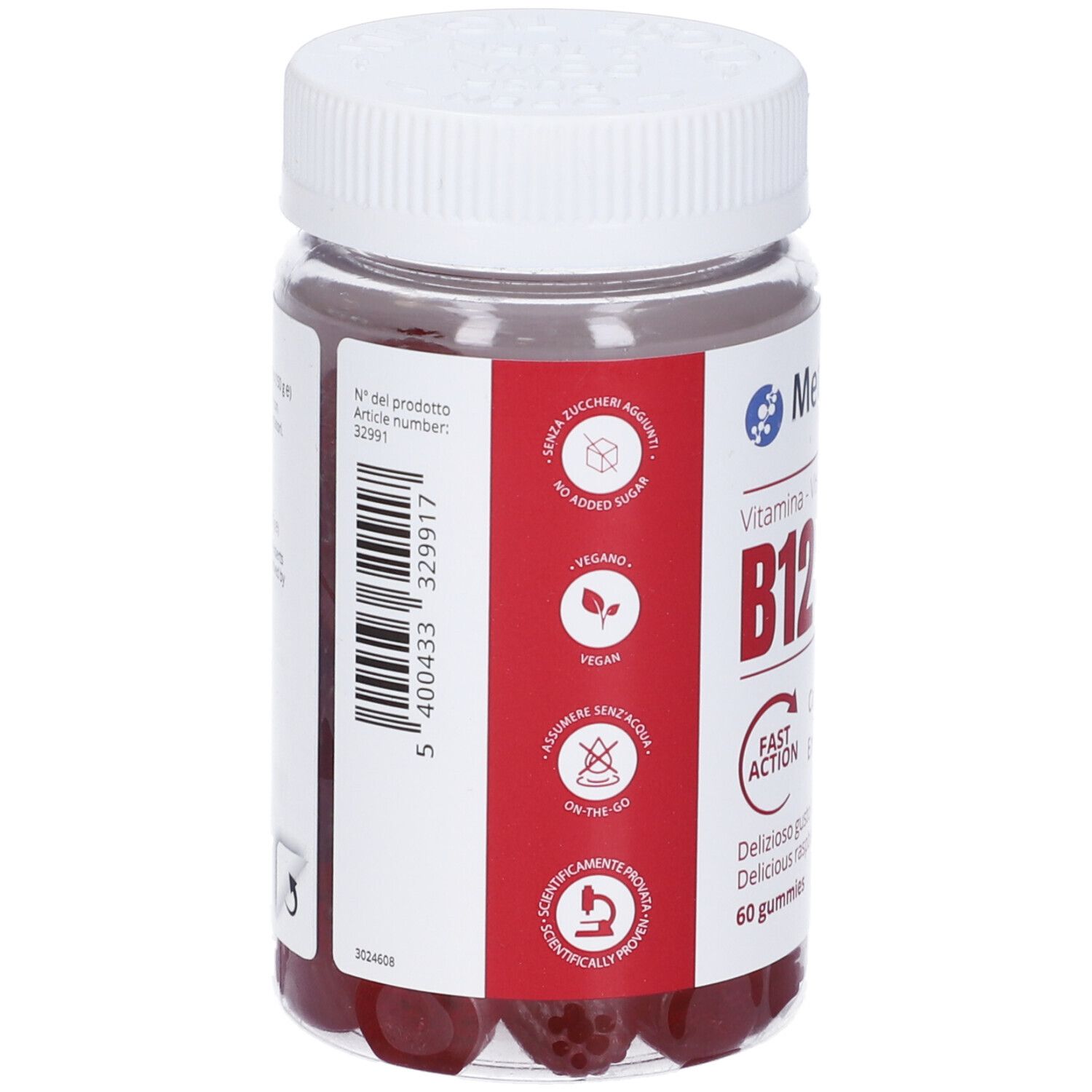 Retro del flacone. Codice a barre e loghi vegano, senza zuccheri aggiunti, e 'on the go'. Scritta: Vitamina B12, 60 gommose.
