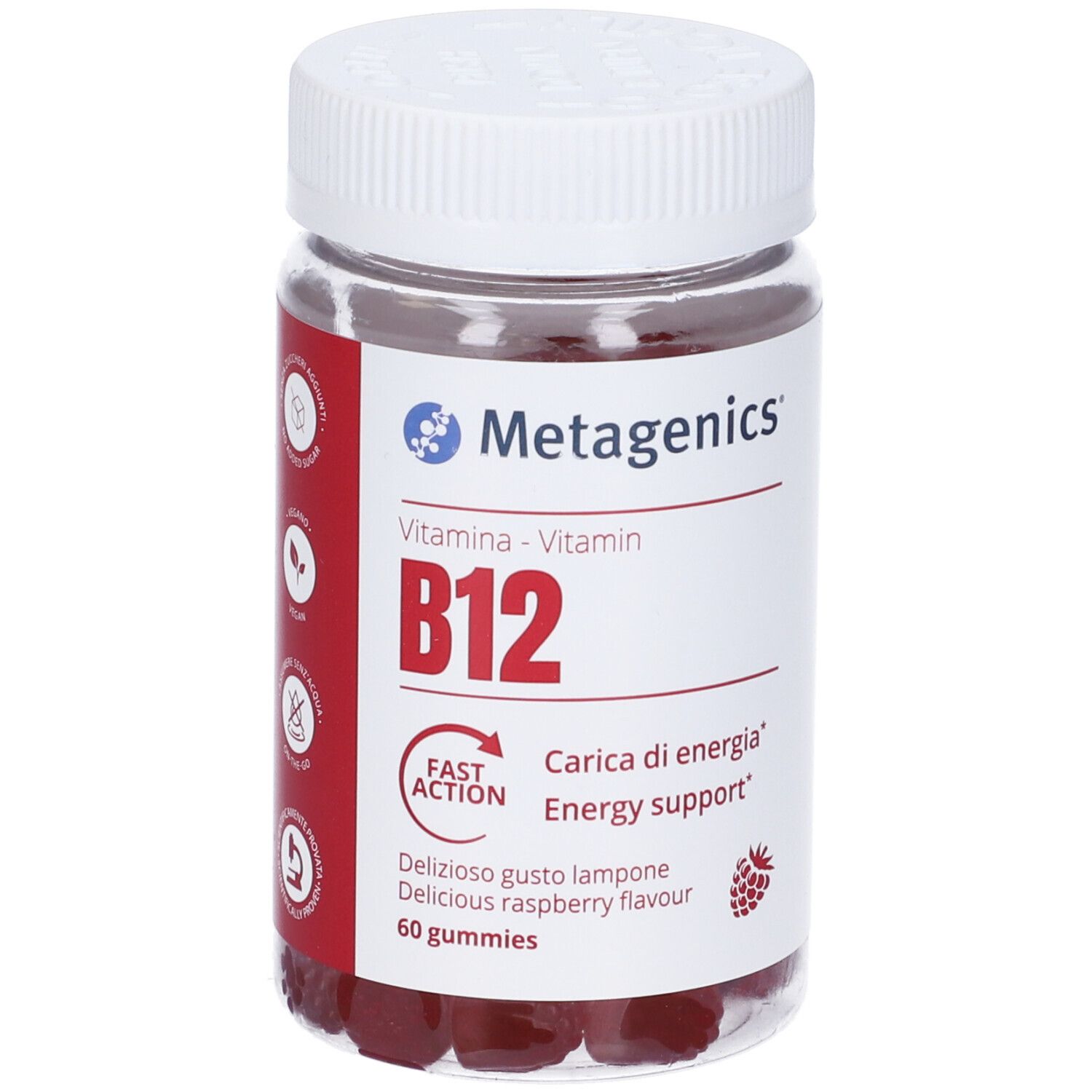 Flacone trasparente con tappo bianco. Gommose rosse visibili. Scritta: Metagenics, Vitamina B12, 60 gommose.