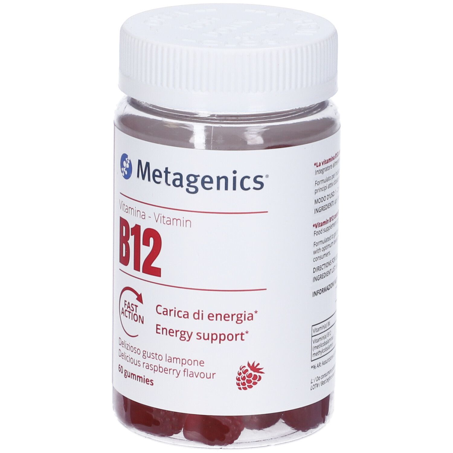 Flacone trasparente con tappo bianco. Gommose rosse visibili. Scritta: Metagenics, Vitamina B12, 60 gommose.