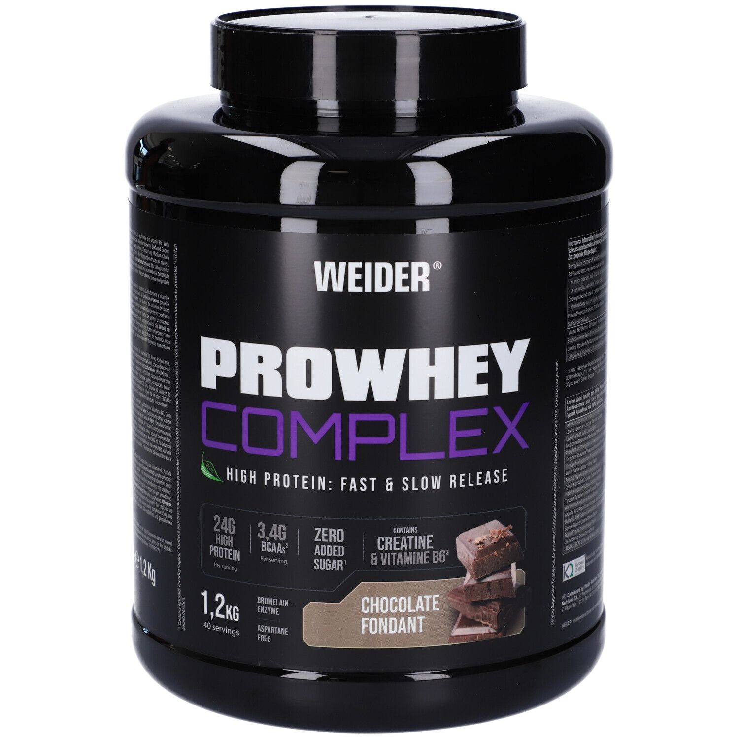 Contenitore nero con polvere di cioccolato Weider ProWhey Complex, 1,2 kg.