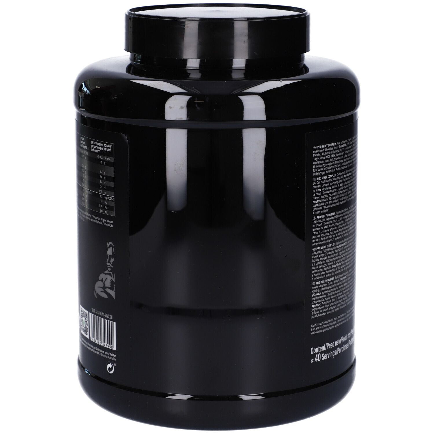 Contenitore nero con polvere di cioccolato Weider ProWhey Complex, retro con informazioni nutrizionali.