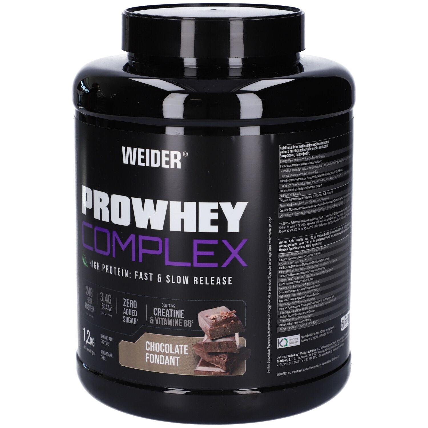 Contenitore nero con polvere di cioccolato Weider ProWhey Complex, vista laterale.