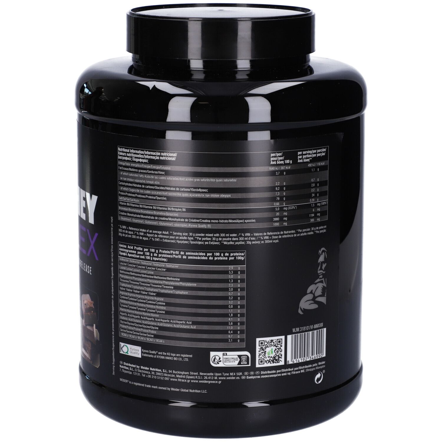 Contenitore nero con polvere di creatina monoidrato micronizzata Weider, retro con informazioni nutrizionali.