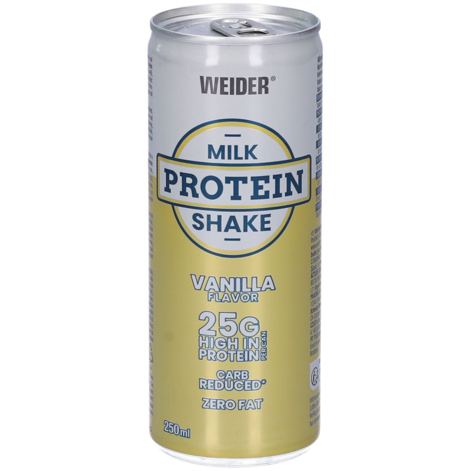 Weider Milk Protein Shake Vaniglia. Lattina con coperchio bianco ed etichetta gialla. Scritta: Milk Protein Shake, 25g proteine, zero grassi.
