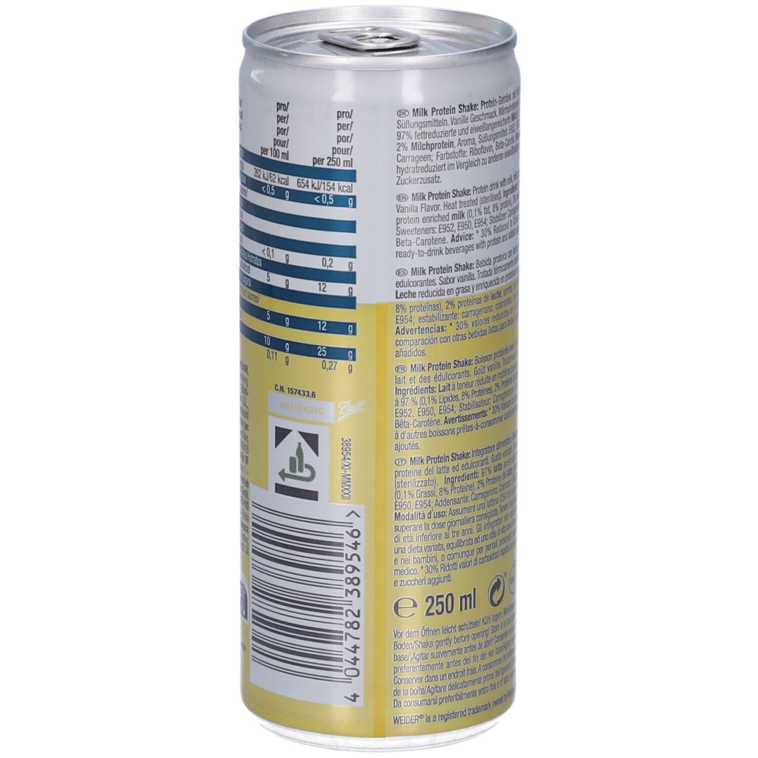 Weider Milk Protein Shake Vaniglia. Lattina, lato con informazioni nutrizionali. Contiene informazioni per 100 ml e per porzione.