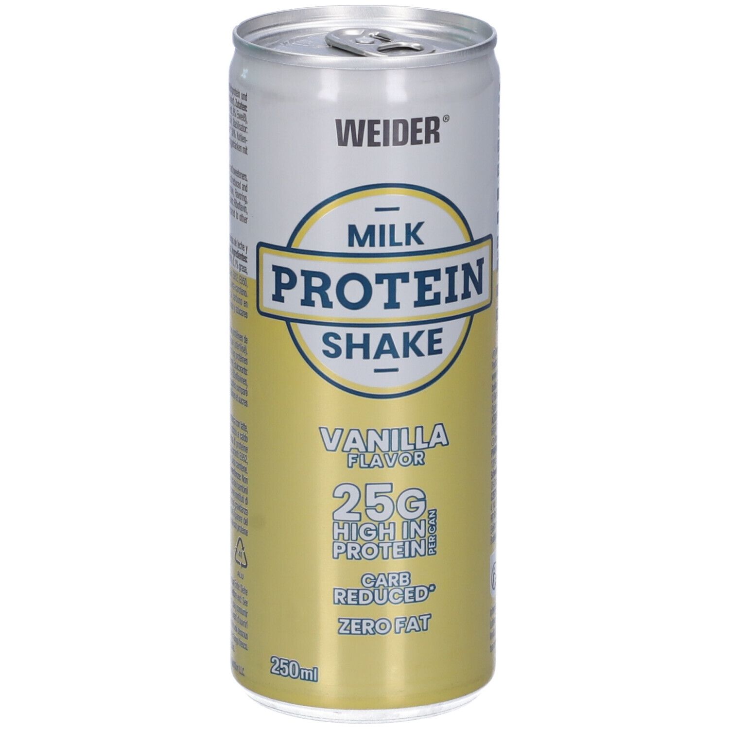 Weider Milk Protein Shake Vaniglia. Lattina, fronte. Scritta: Milk Protein Shake, 25g proteine, Carb Reduced, Zero Fat, 250ml.