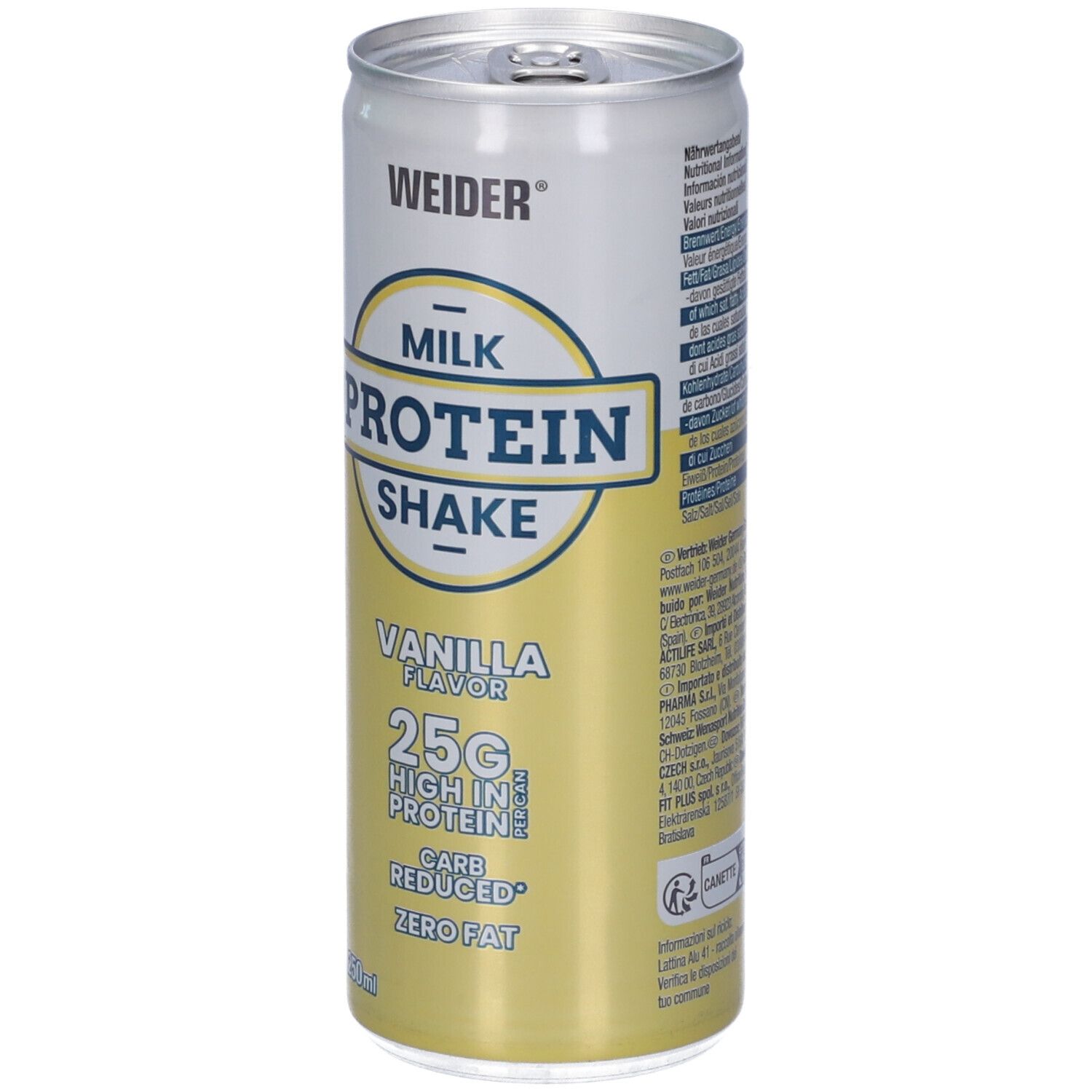 Weider Milk Protein Shake Vaniglia. Lattina, leggermente inclinata. Scritta: Milk Protein Shake, 25g proteine, Carb Reduced, Zero Fat, 250ml.