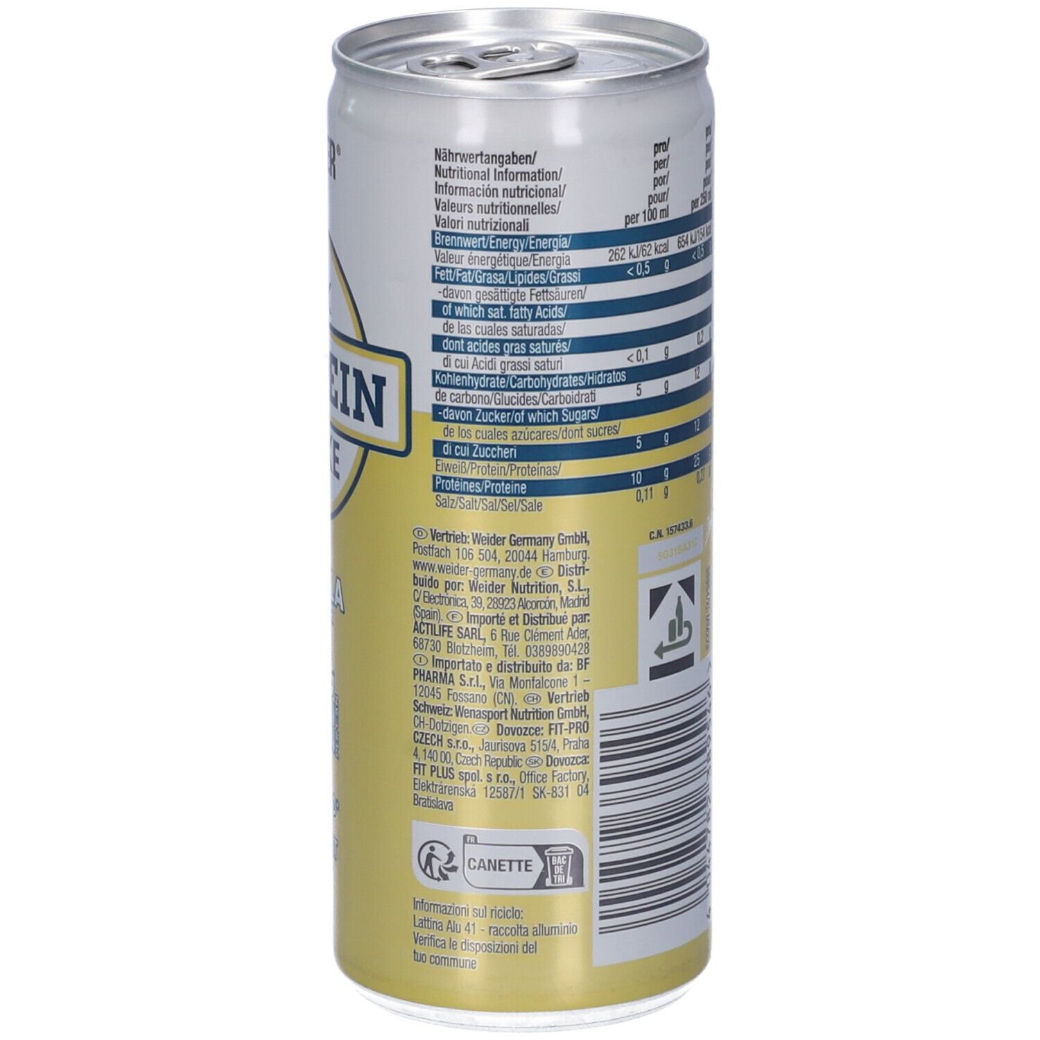 Weider Milk Protein Shake Vaniglia. Lattina, retro con informazioni nutrizionali. Informazioni su grassi, carboidrati, zuccheri e proteine.