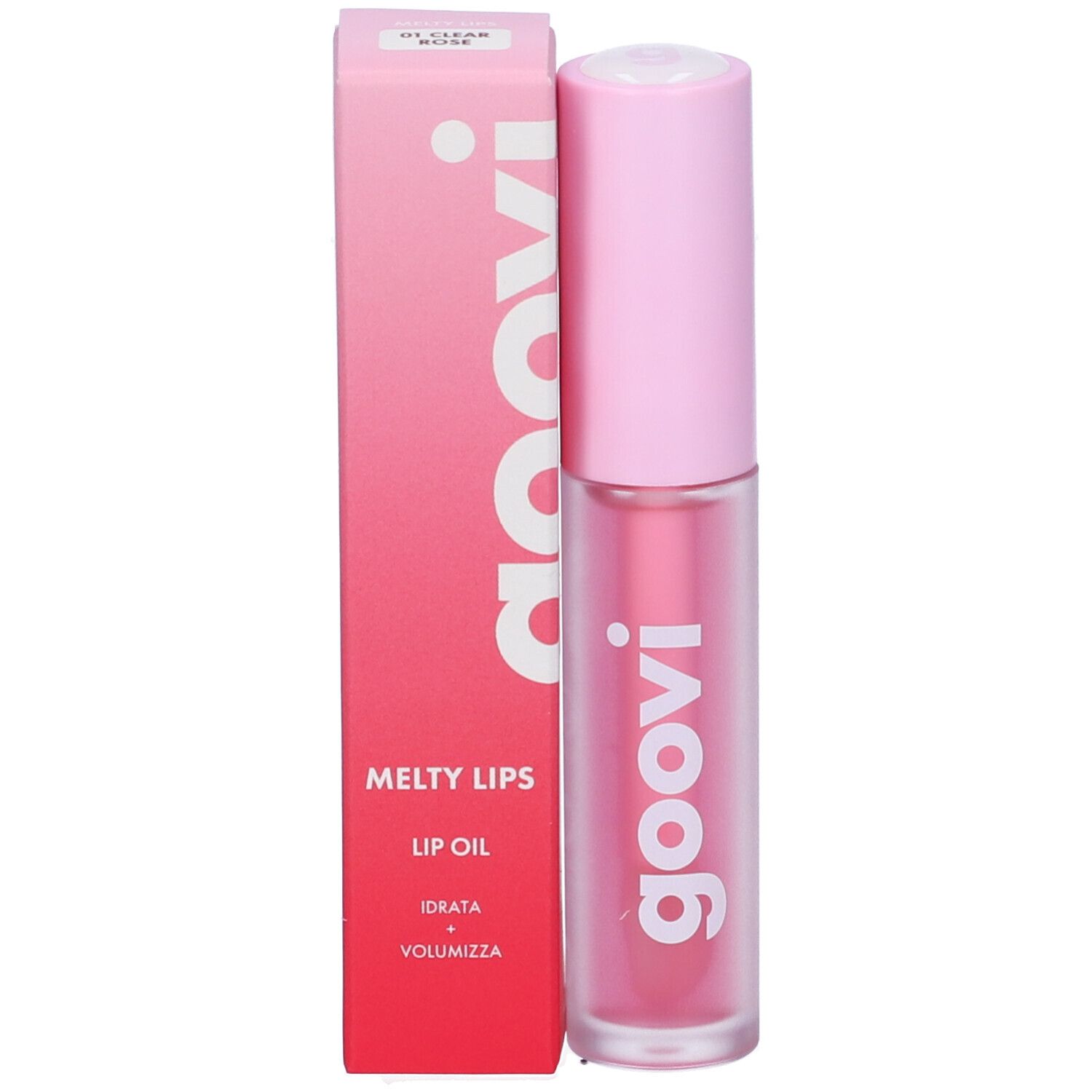 Goovi Melty Lips Lip Oil in rosa Verpackung. Transparenter Flakon mit rosa Verschluss.