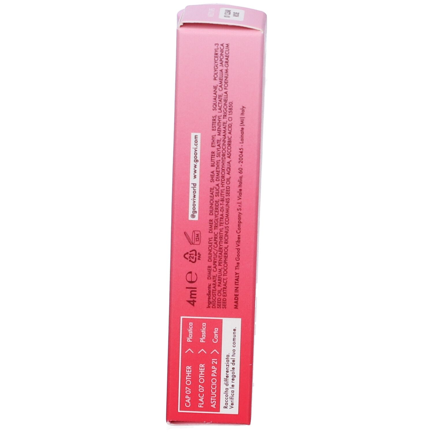 Kleine rosa Verpackung mit Produktinformationen und 4ml Angabe.