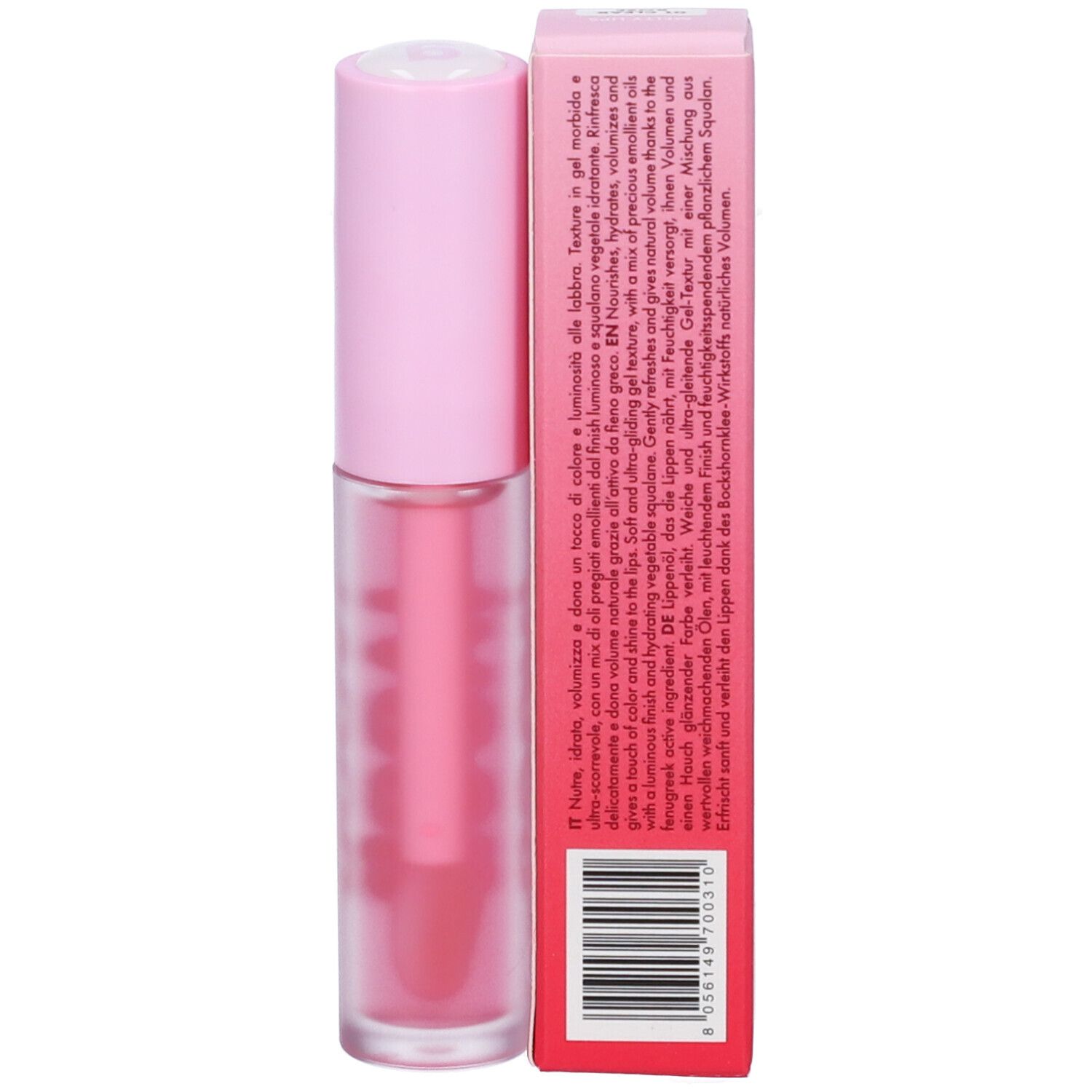Ein rosa Lippen-Gloss-Applikator in einem transparenten Behälter mit rosa Kappe, daneben eine rosa Verpackungsbox.