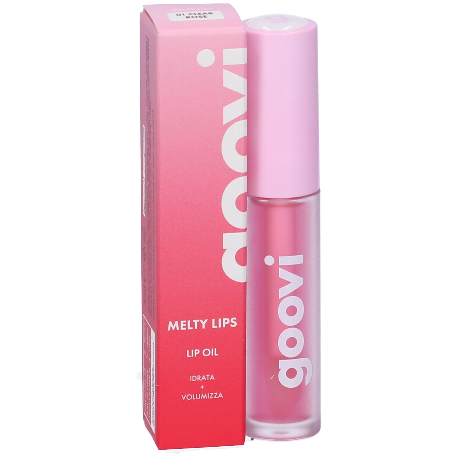 Goovi Melty Lips Lip Oil in rosa Verpackung mit Applikator.
