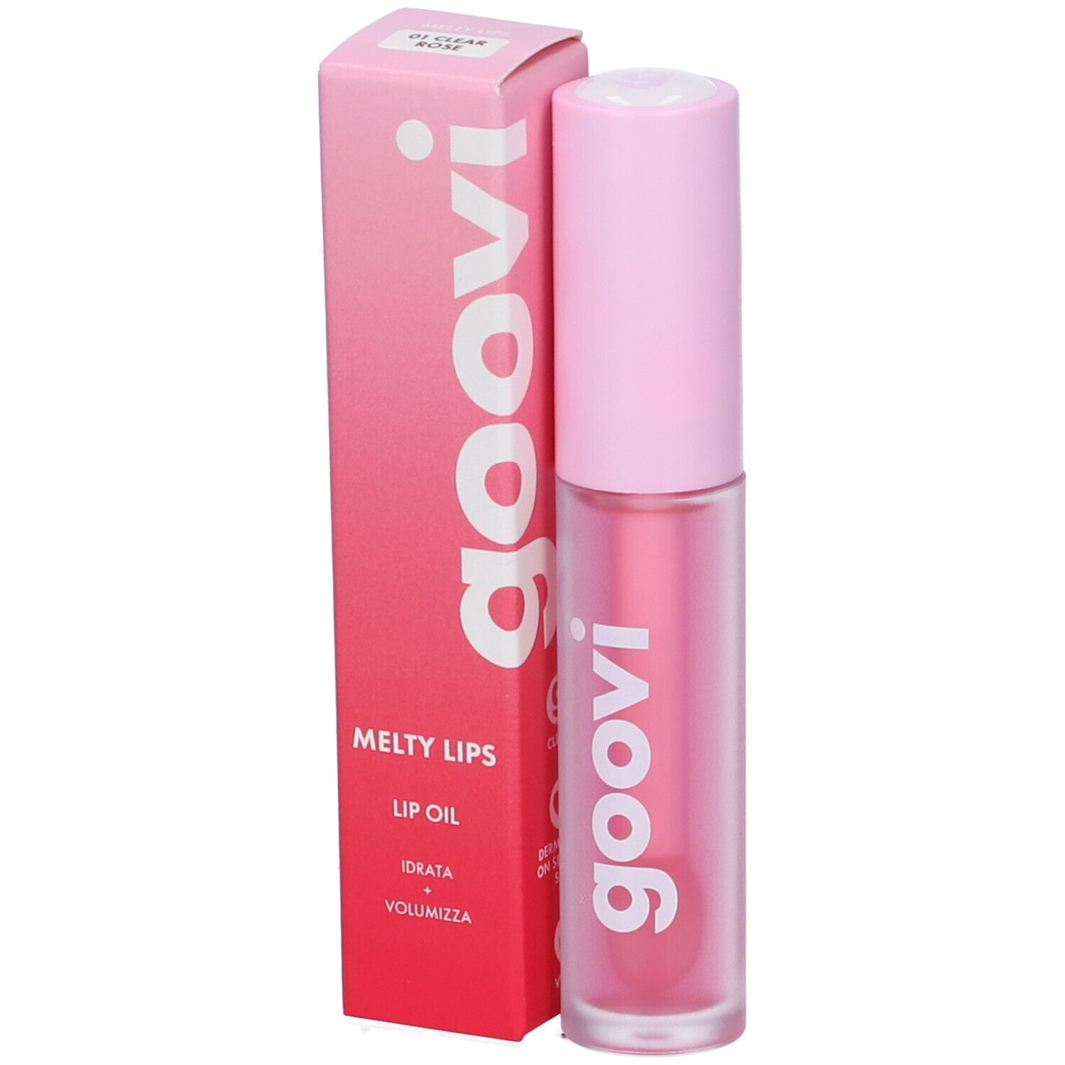 Goovi Melty Lips Lip Oil in transparenter Flasche mit rosa Verschluss. Neben der Flasche steht die rosa Verpackungsbox.