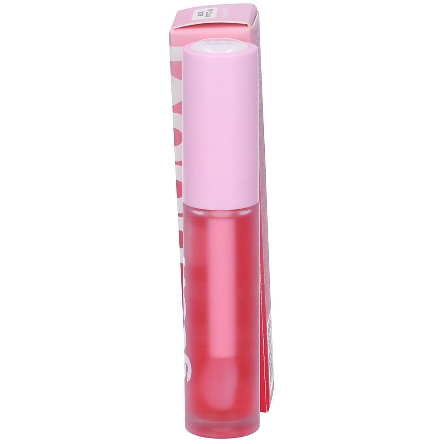 Ein glänzender, rosafarbener Lipgloss in einem durchsichtigen Fläschchen mit rosa Verschluss, daneben die passende rosa Verpackung.