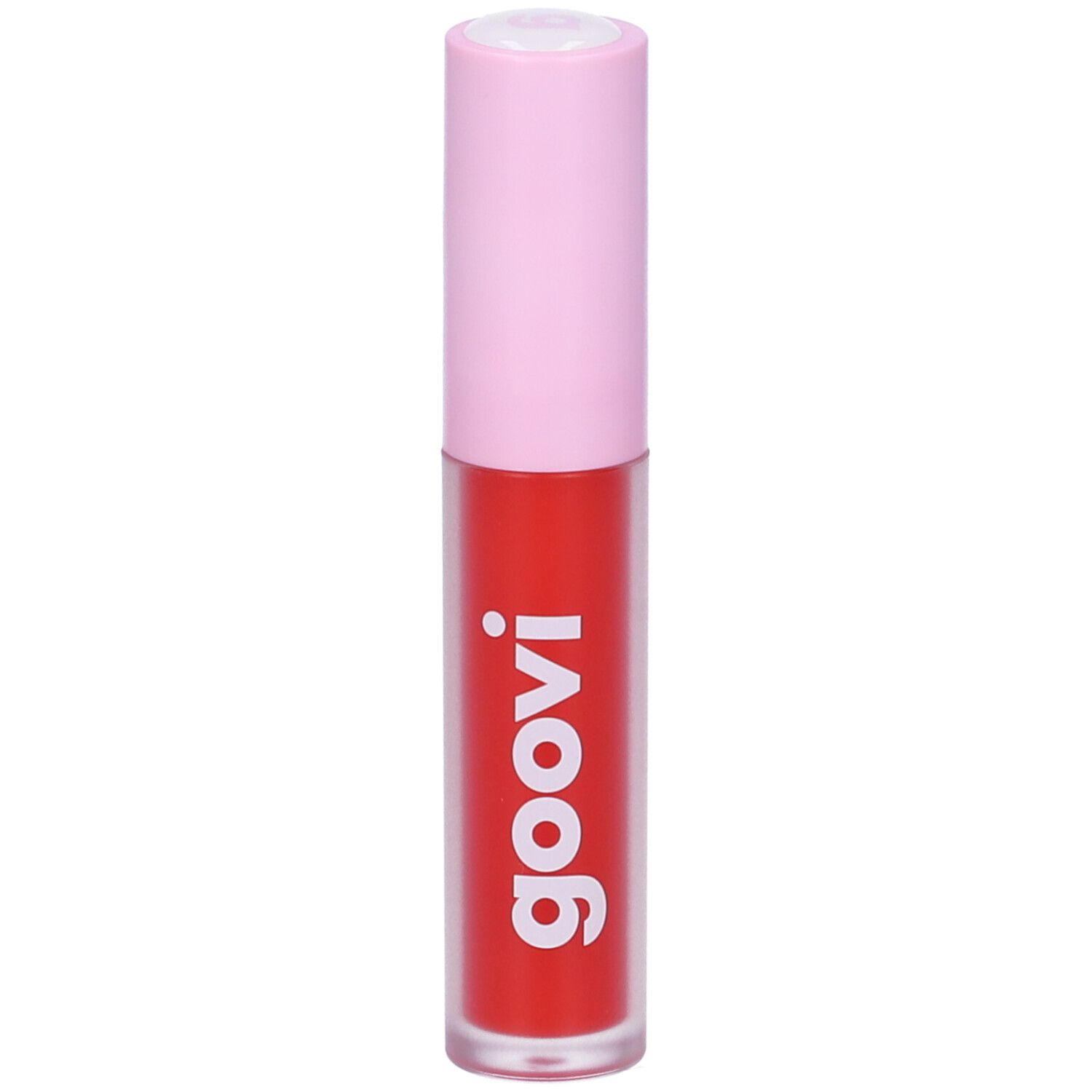 Lucidalabbra rosso con tappo rosa. Scritta bianca "goovi" sul contenitore.