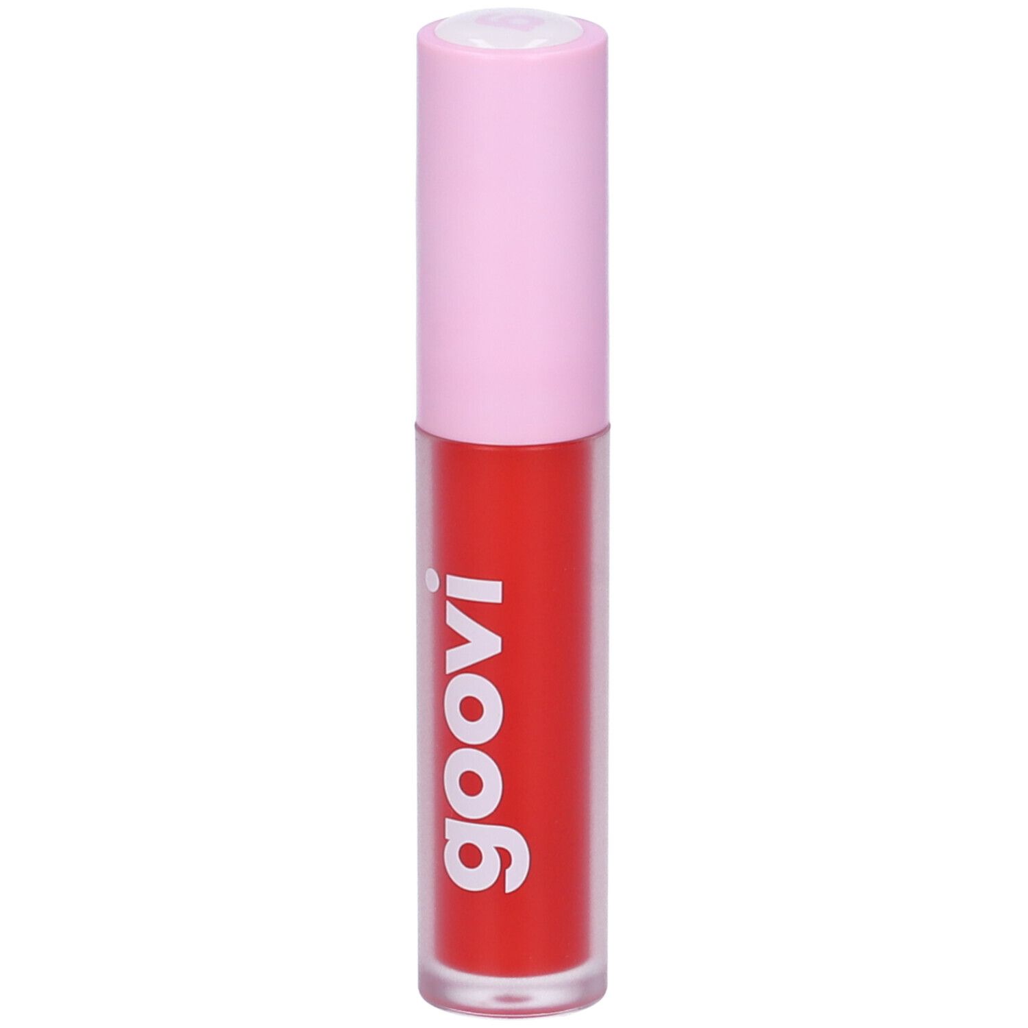 Lucidalabbra rosso con tappo rosa. Scritta bianca "goovi" sul contenitore.