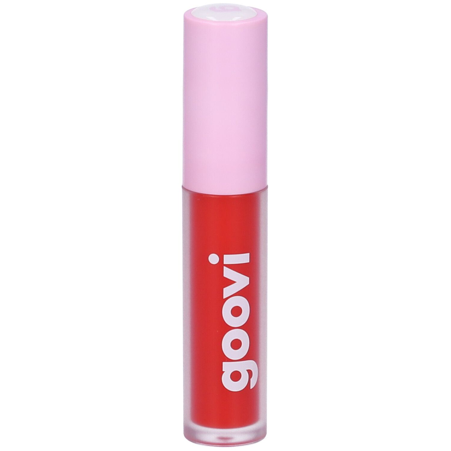 Lucidalabbra rosso con tappo rosa. Scritta bianca "goovi" sul contenitore.