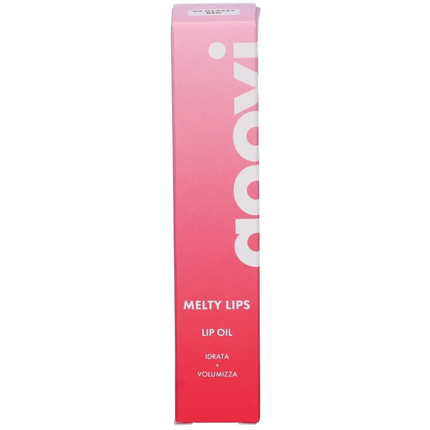 Confezione rosa con testo bianco. Contiene "MELTY LIPS LIP OIL".