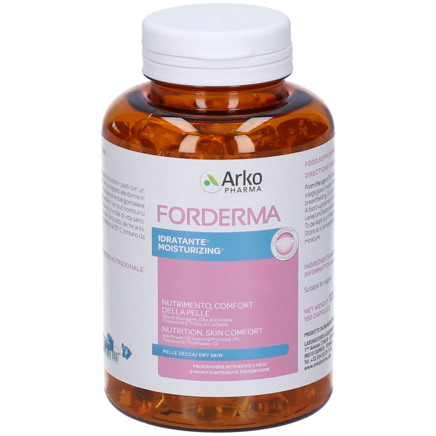 Flacone marrone con tappo bianco. Etichetta con 'FORDERMA' e 'IDRATANTE-MOISTURIZING'.