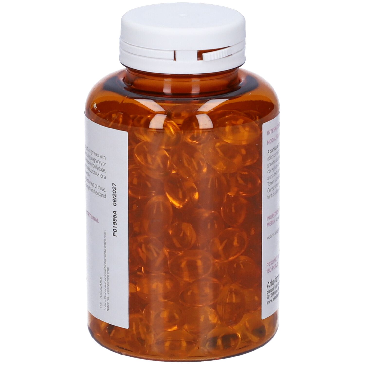 Flacone marrone con tappo bianco. Vista delle capsule all'interno. Etichetta laterale.