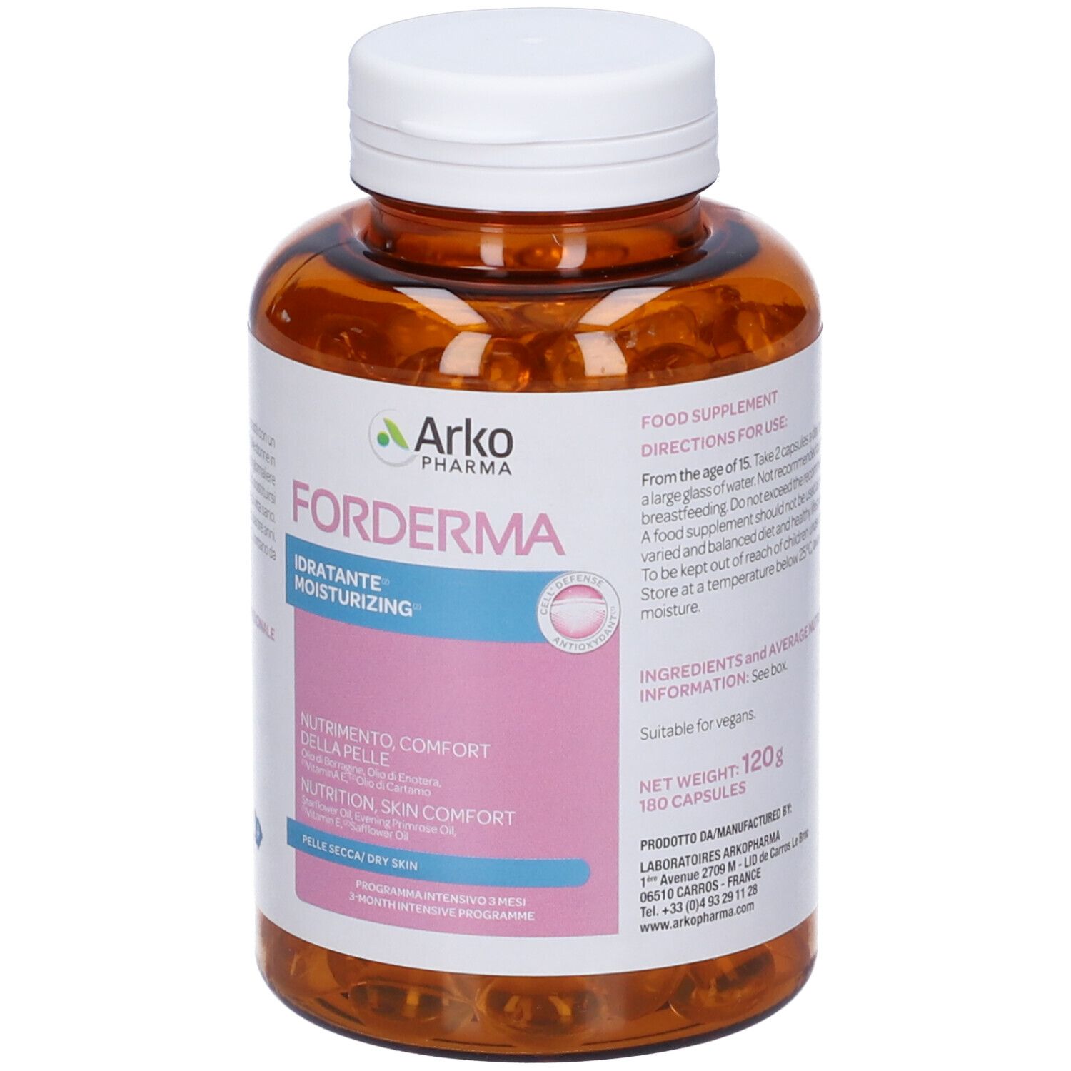 Flacone marrone con tappo bianco. Etichetta con 'FORDERMA' e 'IDRATANTE-MOISTURIZING'.