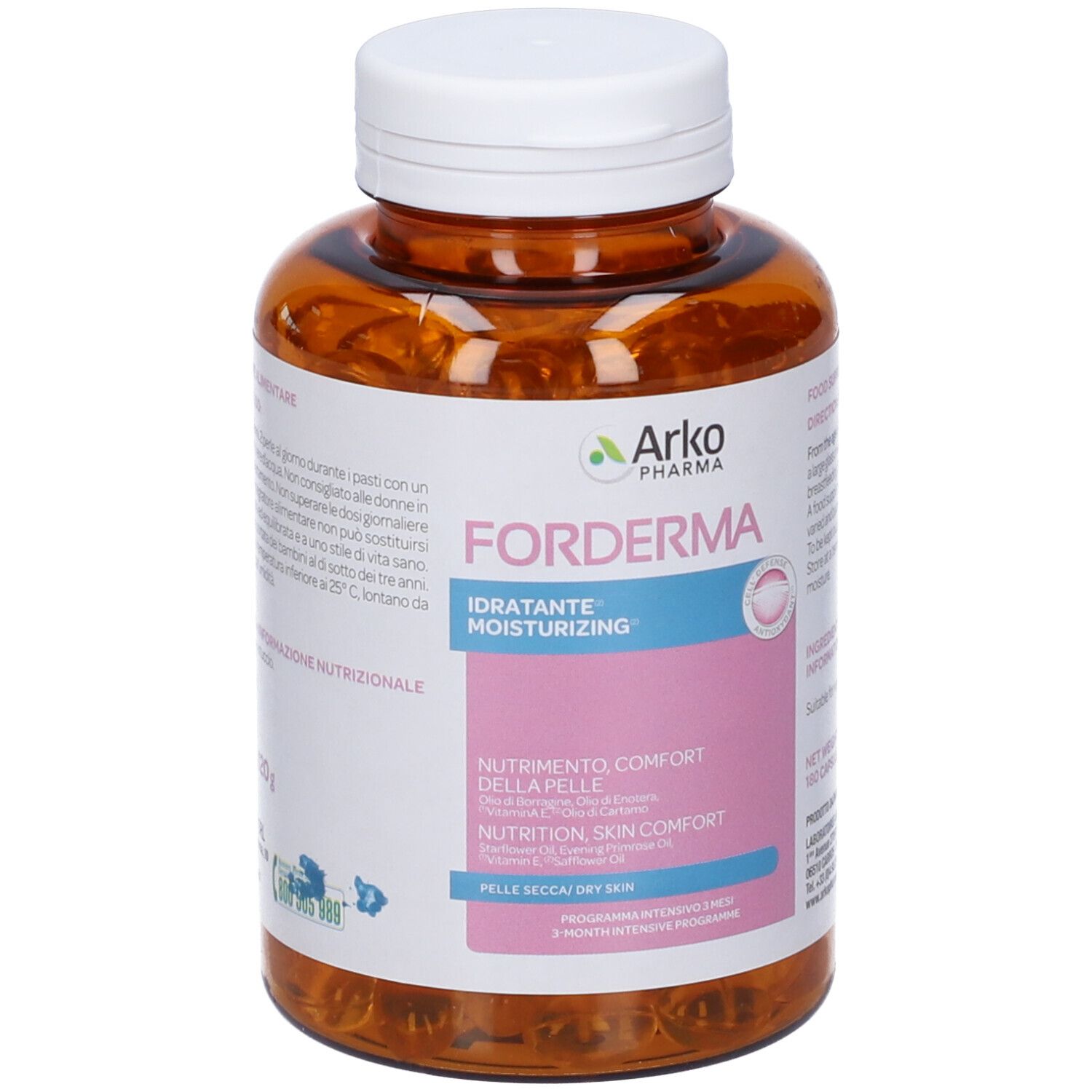 Flacone marrone con tappo bianco. Etichetta con 'FORDERMA' e 'IDRATANTE-MOISTURIZING'.