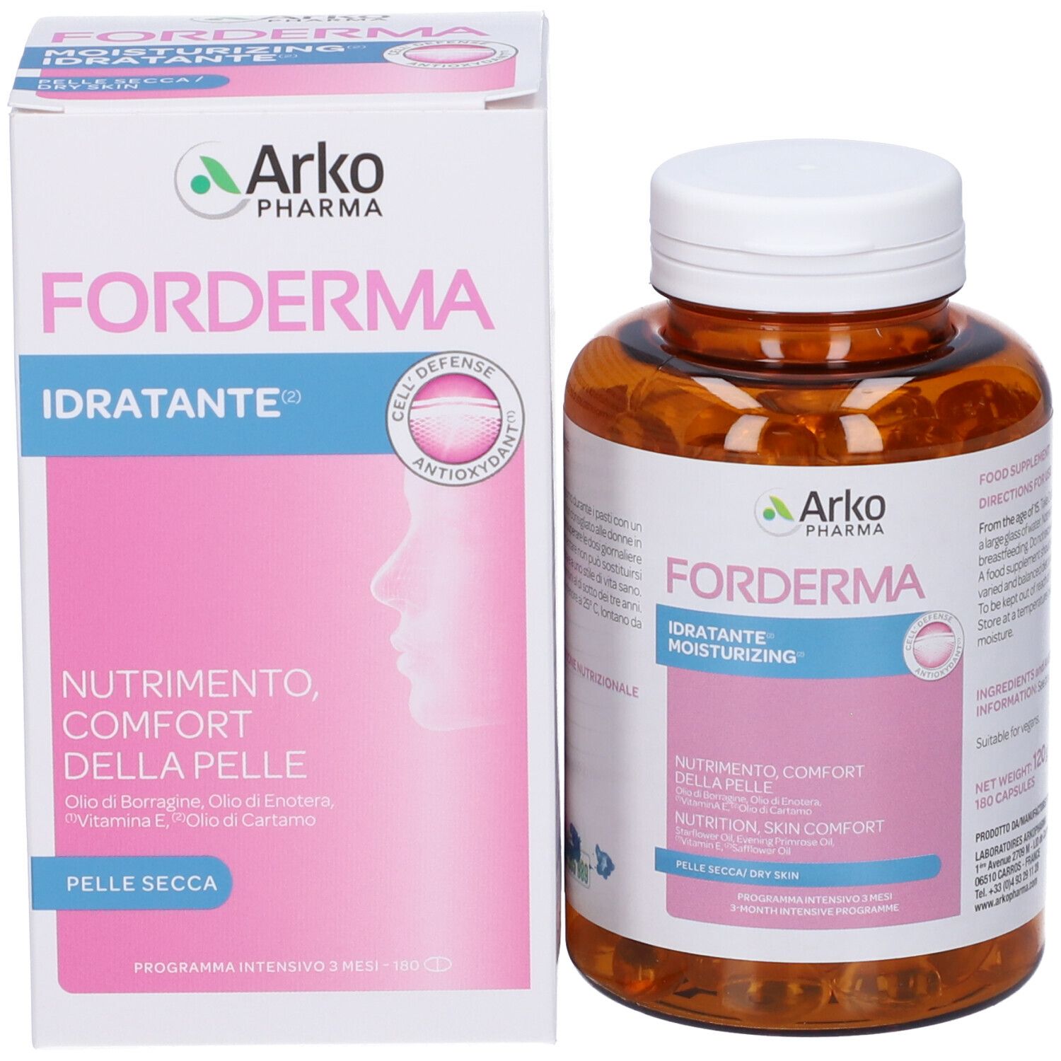 Flacone marrone e scatola. Sul flacone 'FORDERMA'. Sulla scatola 'FORDERMA IDRATANTE'.