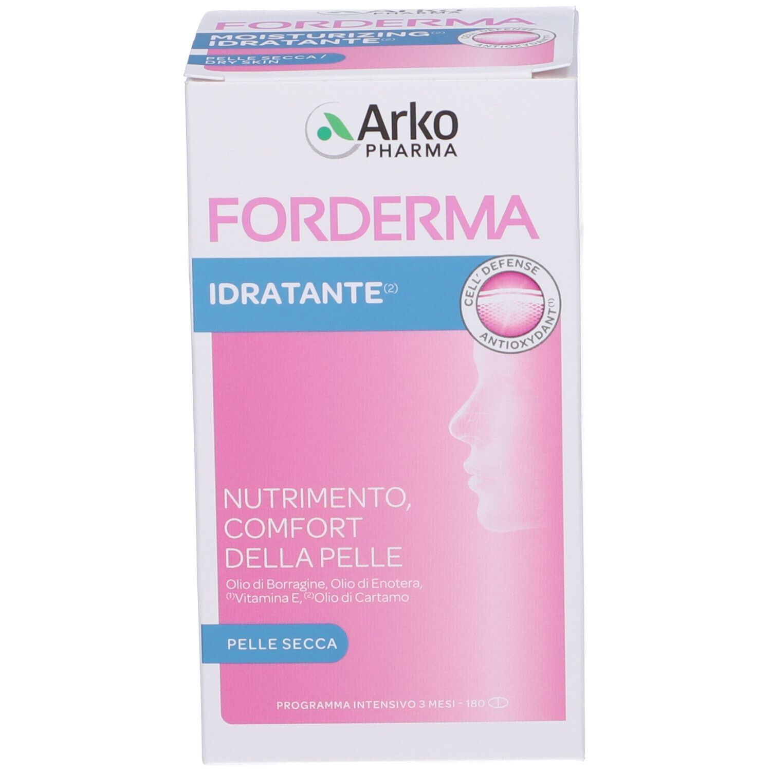 Scatola bianca con 'FORDERMA IDRATANTE'. Design rosa e bianco con nome prodotto e logo.