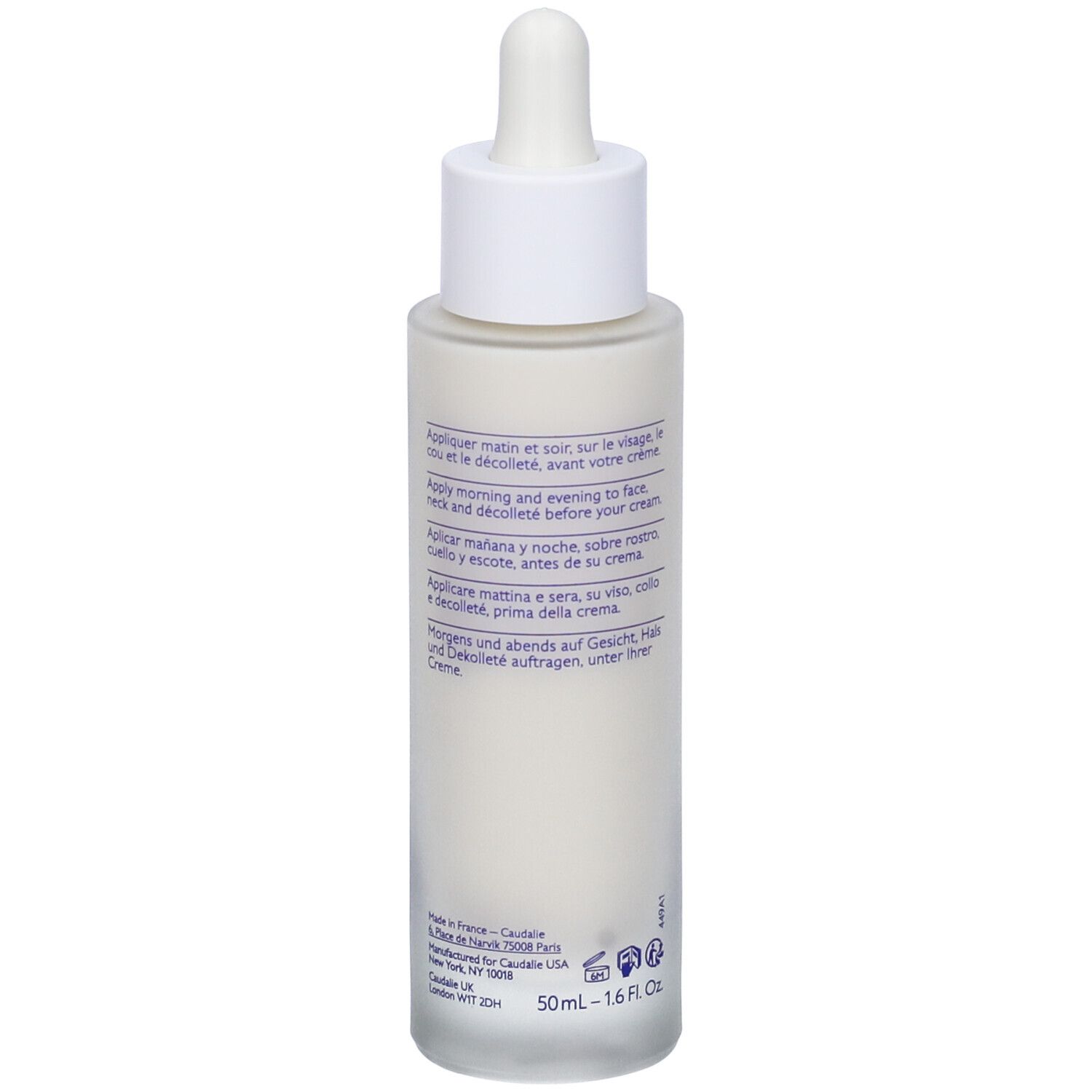 Retro del flacone di siero Caudalíe Vinoperfect. Testo multilingue. Flacone bianco.