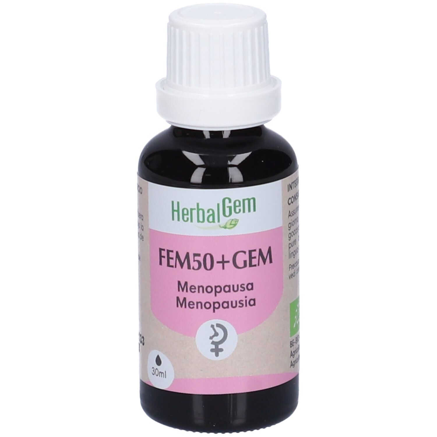 Flacone di vetro marrone con tappo bianco. Etichetta "HerbalGem FEM50+GEM Menopausa". 30ml.