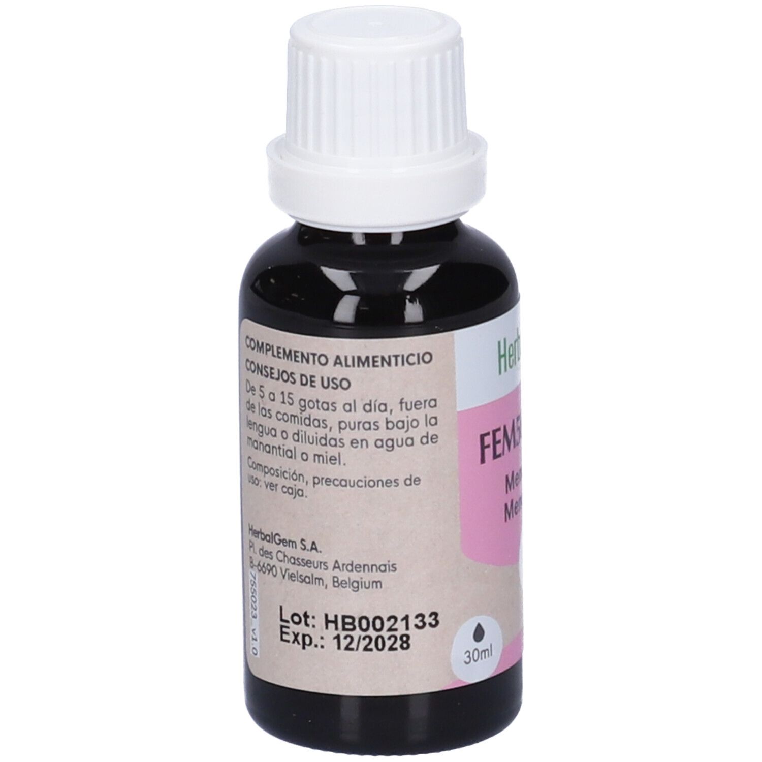 Flacone marrone con tappo bianco. Etichetta con testo e "HerbalGem". 30ml. Scad. 12/2028.
