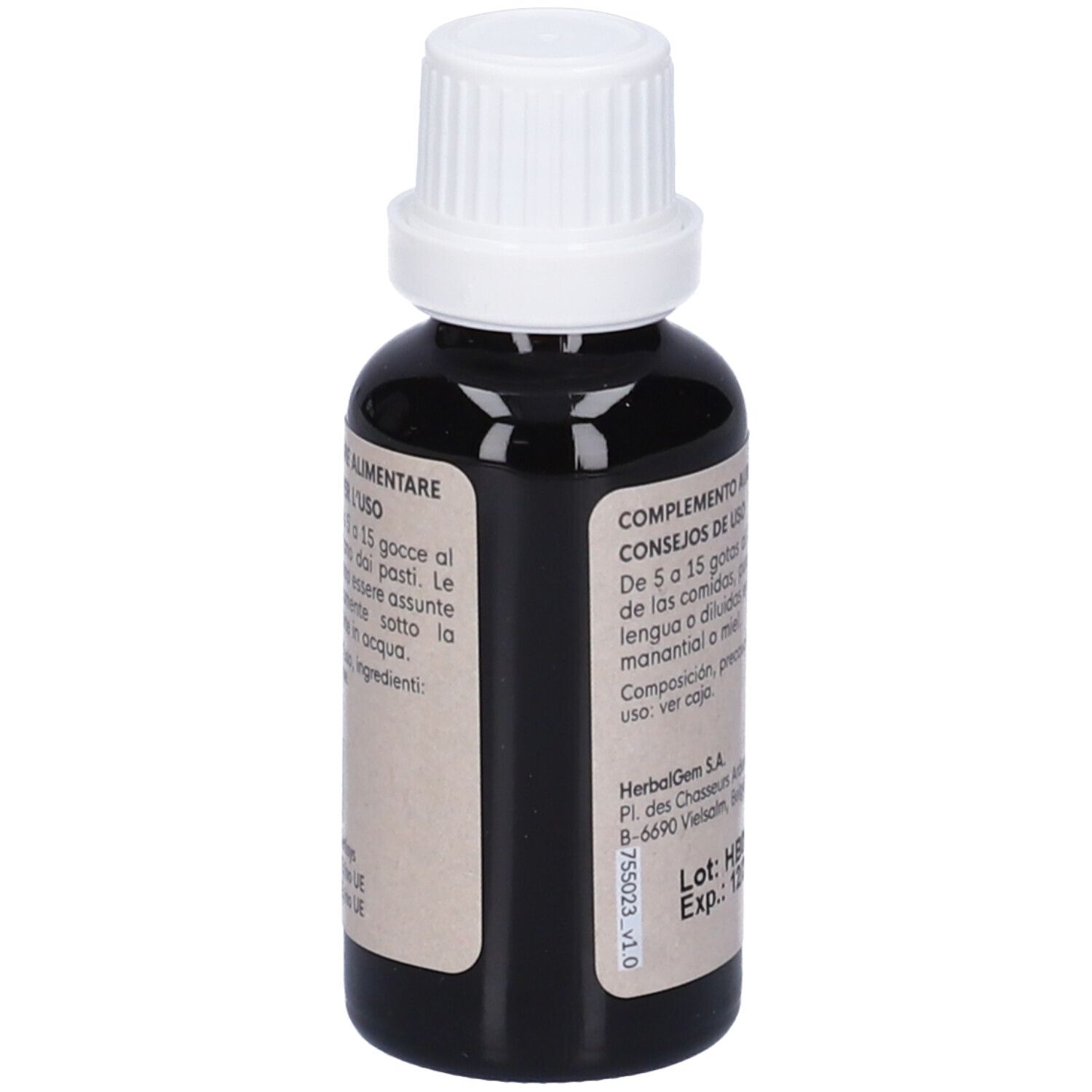 Flacone di vetro marrone con tappo bianco. Etichetta con testo e "HerbalGem".