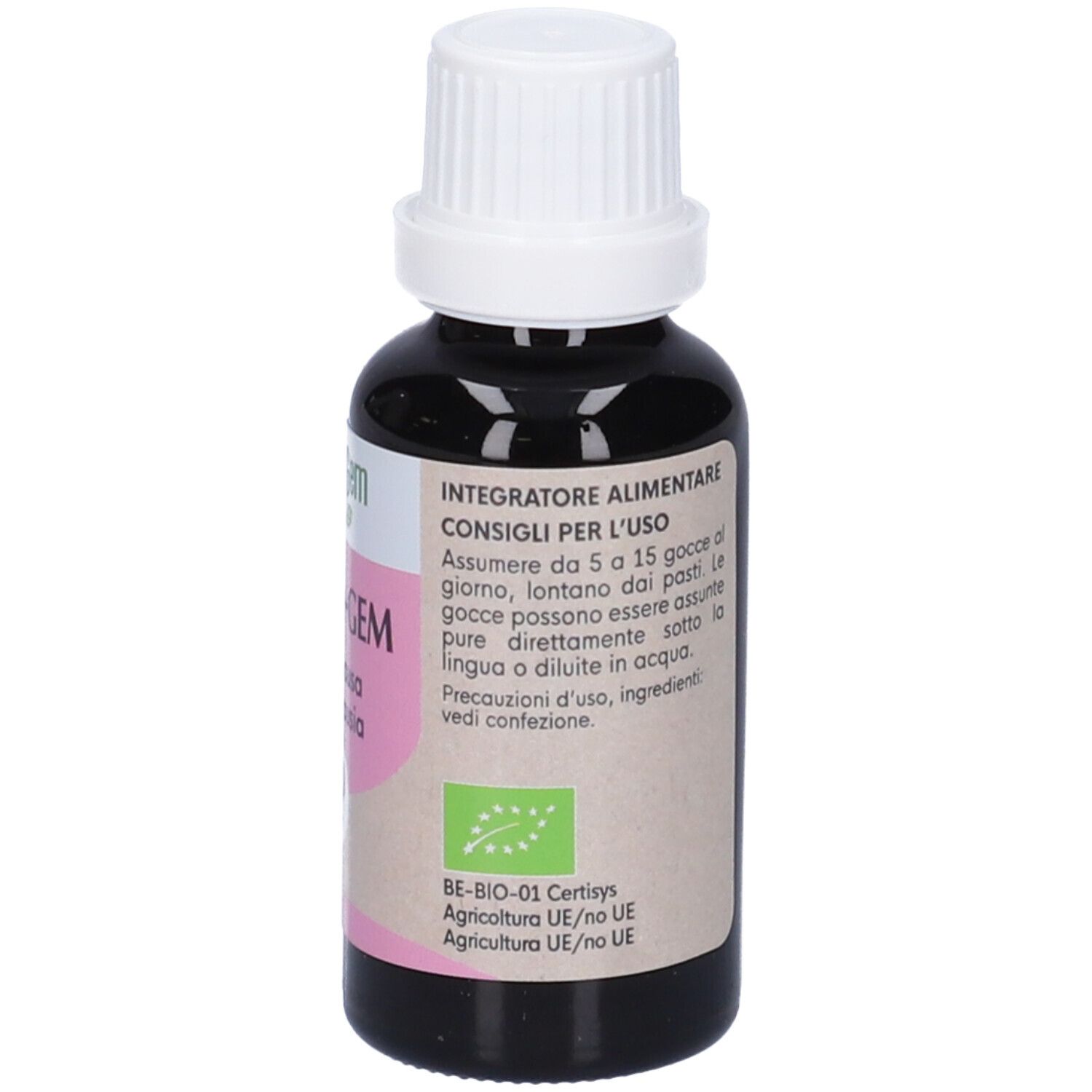 Flacone marrone con tappo bianco. Etichetta con testo e "HerbalGem". Certificazione bio.
