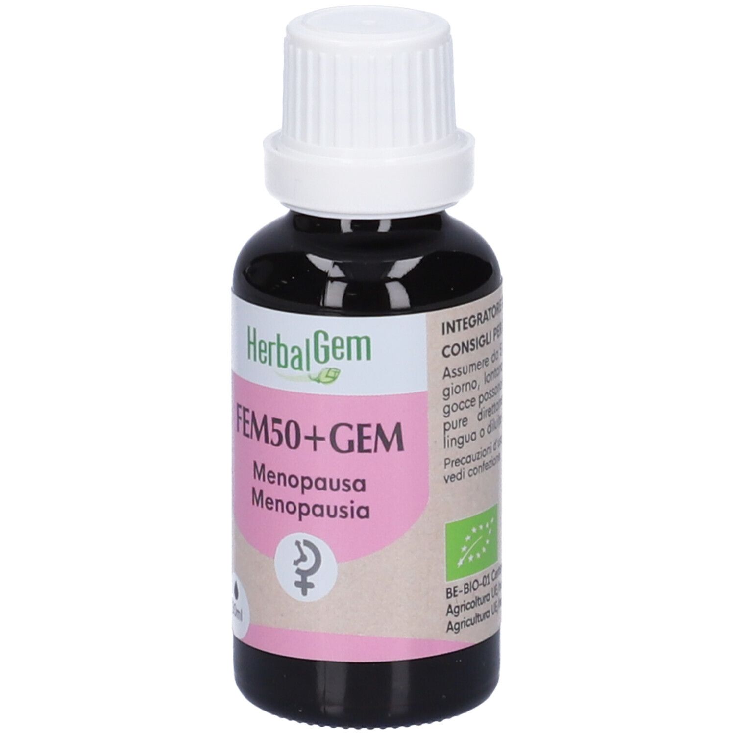 Flacone marrone con tappo bianco. Etichetta "HerbalGem FEM50+GEM Menopausa".