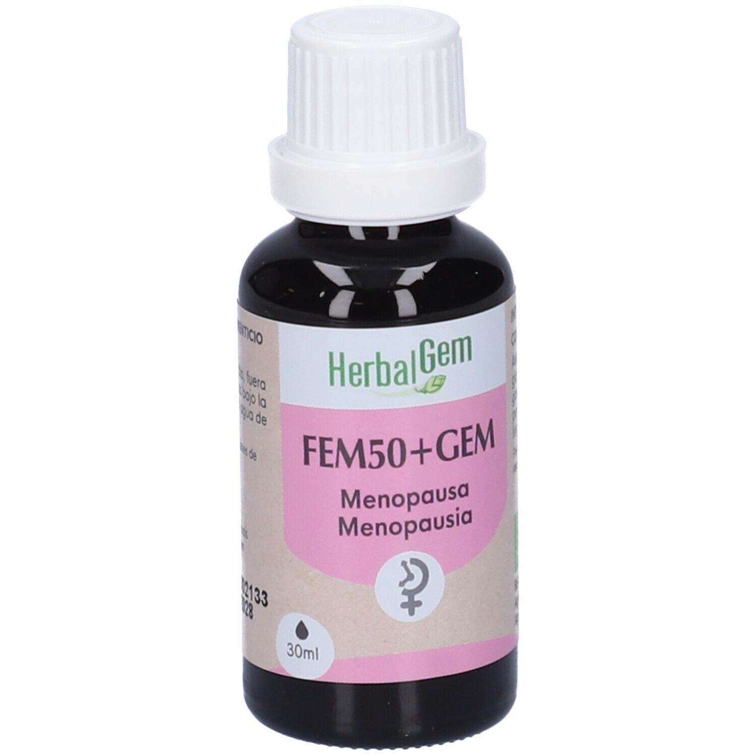 Flacone marrone con tappo bianco. Etichetta "HerbalGem FEM50+GEM Menopausa". 30ml.