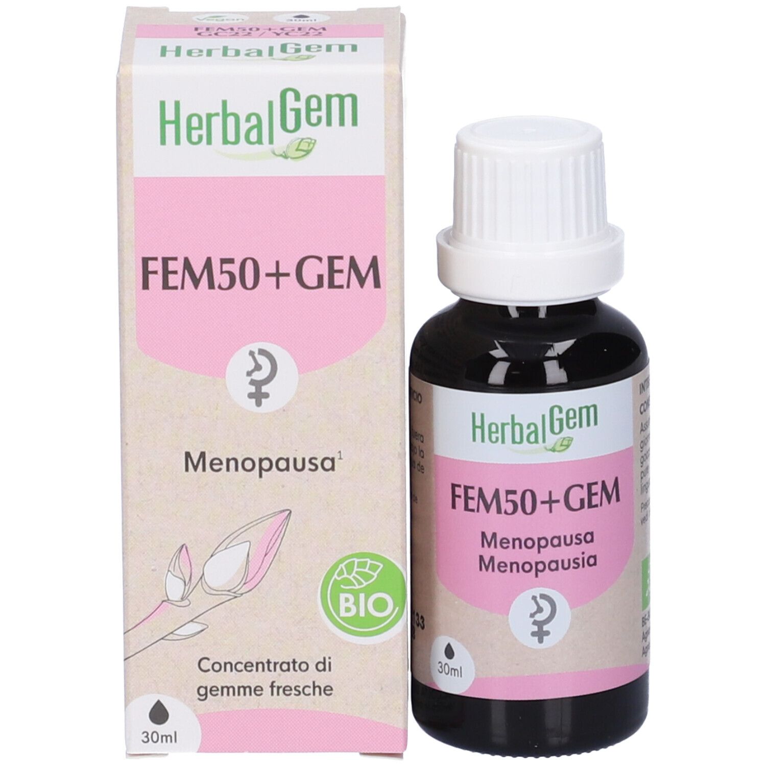 Flacone e confezione. Flacone con "HerbalGem FEM50+GEM Menopausa". Confezione con logo.
