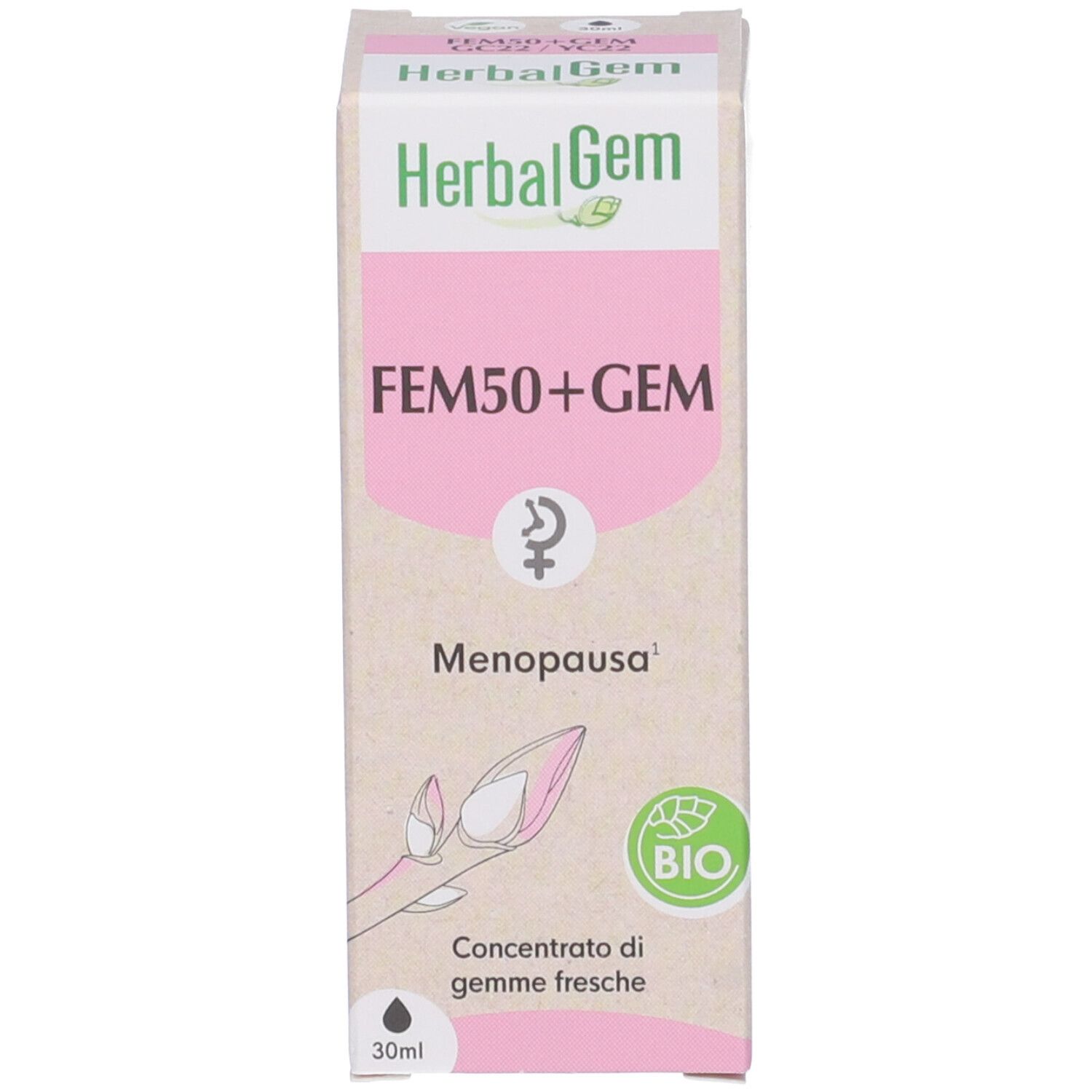 Confezione del prodotto. "HerbalGem FEM50+GEM Menopausa". Certificazione bio. 30ml.