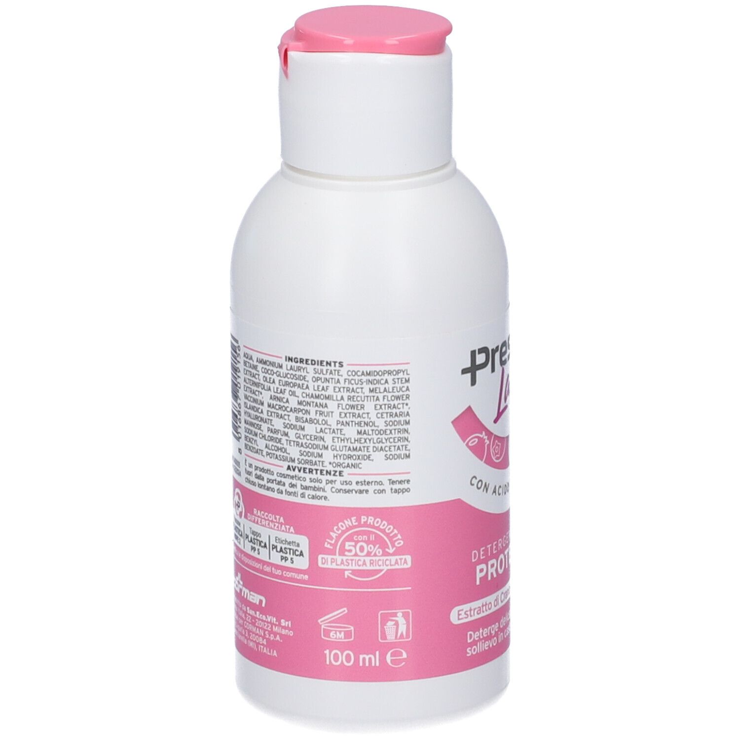 Flacone bianco con tappo rosa a scatto, 100 ml. Contiene ingredienti e informazioni sul prodotto.