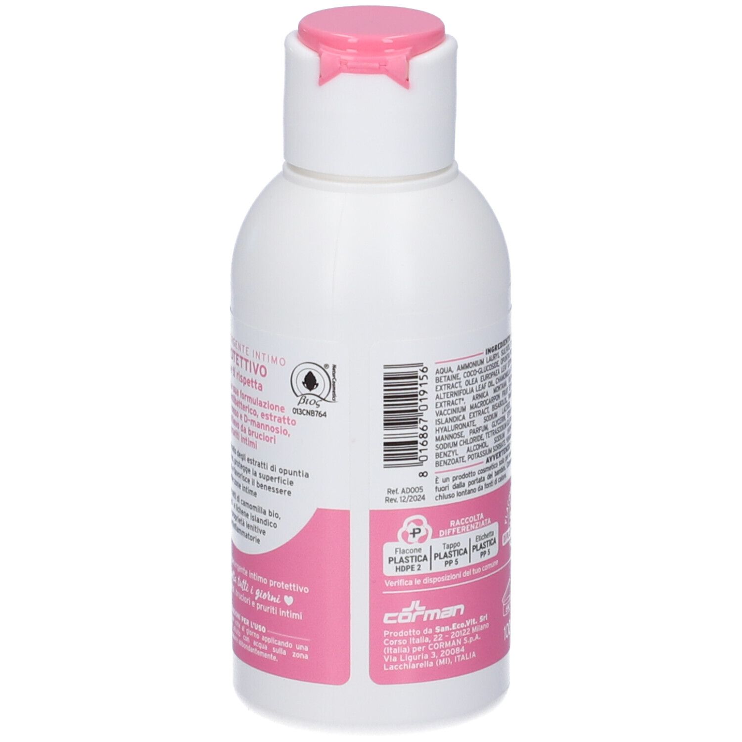 Flacone bianco con tappo rosa a scatto, retro con etichetta e ingredienti.