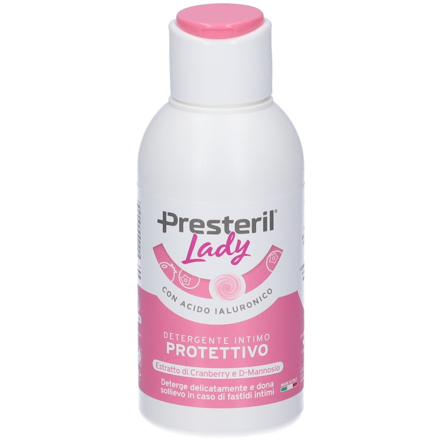 Detergente intimo Presteril Lady con acido ialuronico, estratto di mirtillo rosso e D-Mannosio. Flacone bianco con scritte e tappo rosa.
