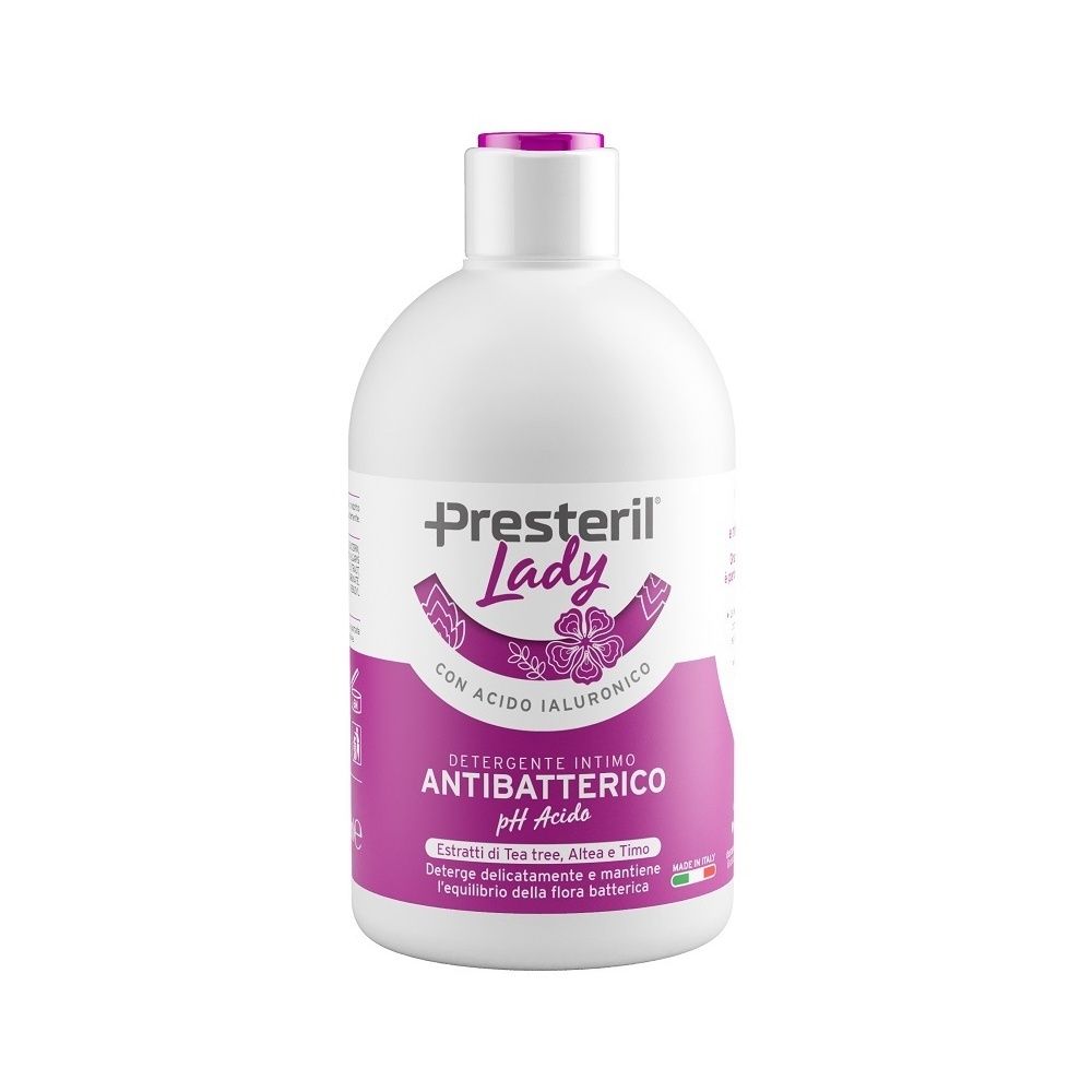 Flacone bianco con etichetta viola. Scritta: Presteril Lady, Detergente Intimo Antibatterico, pH Acido. Con acido ialuronico.