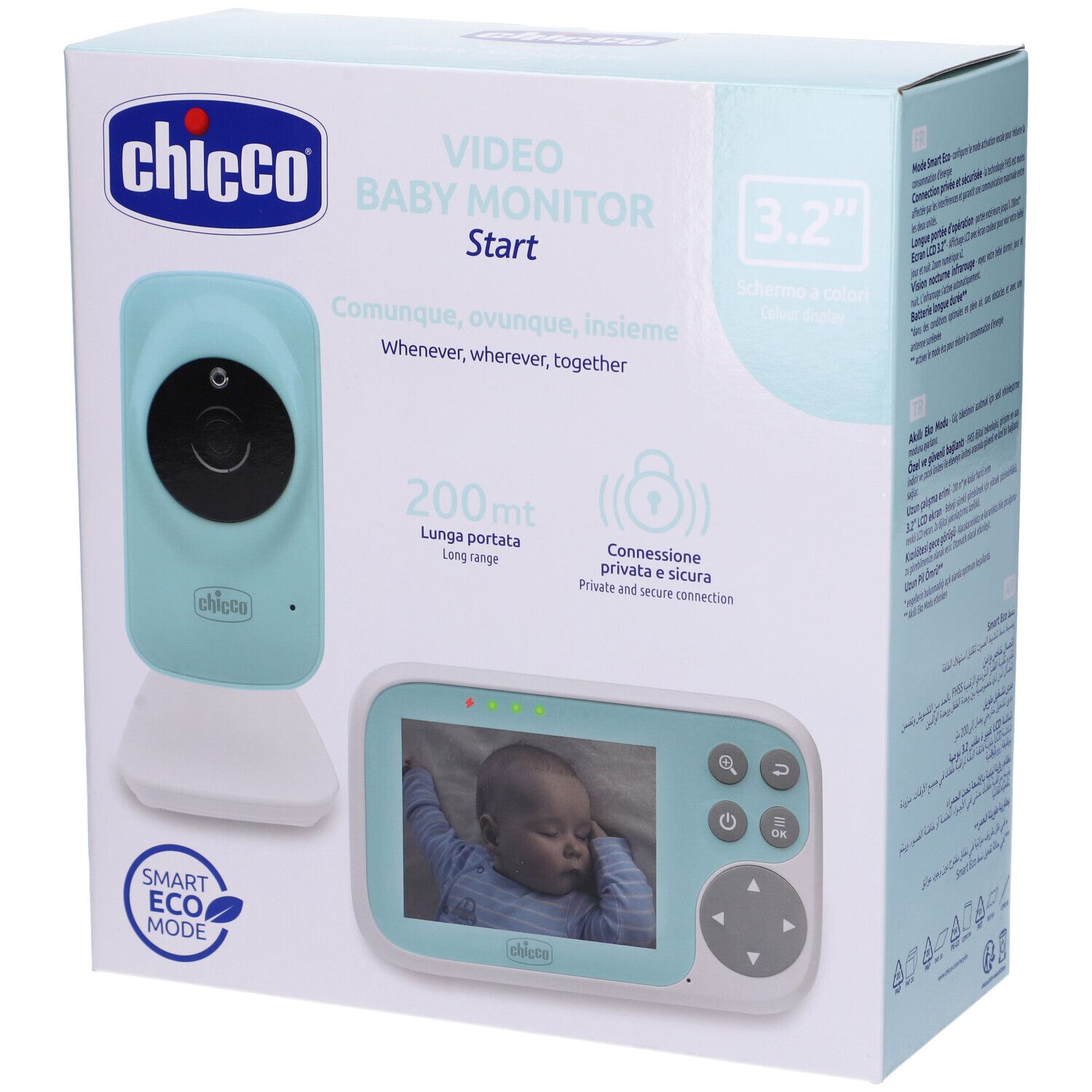 Chicco Video Baby Monitor Start. Confezione con monitor e telecamera. Schermo con bambino. Elementi blu e bianchi.