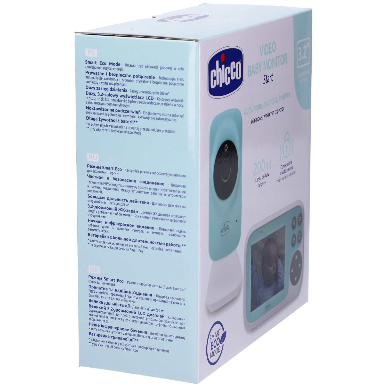 Chicco Video Baby Monitor Start. Confezione, vista laterale. Testo multilingue. Telecamera e monitor illustrati.