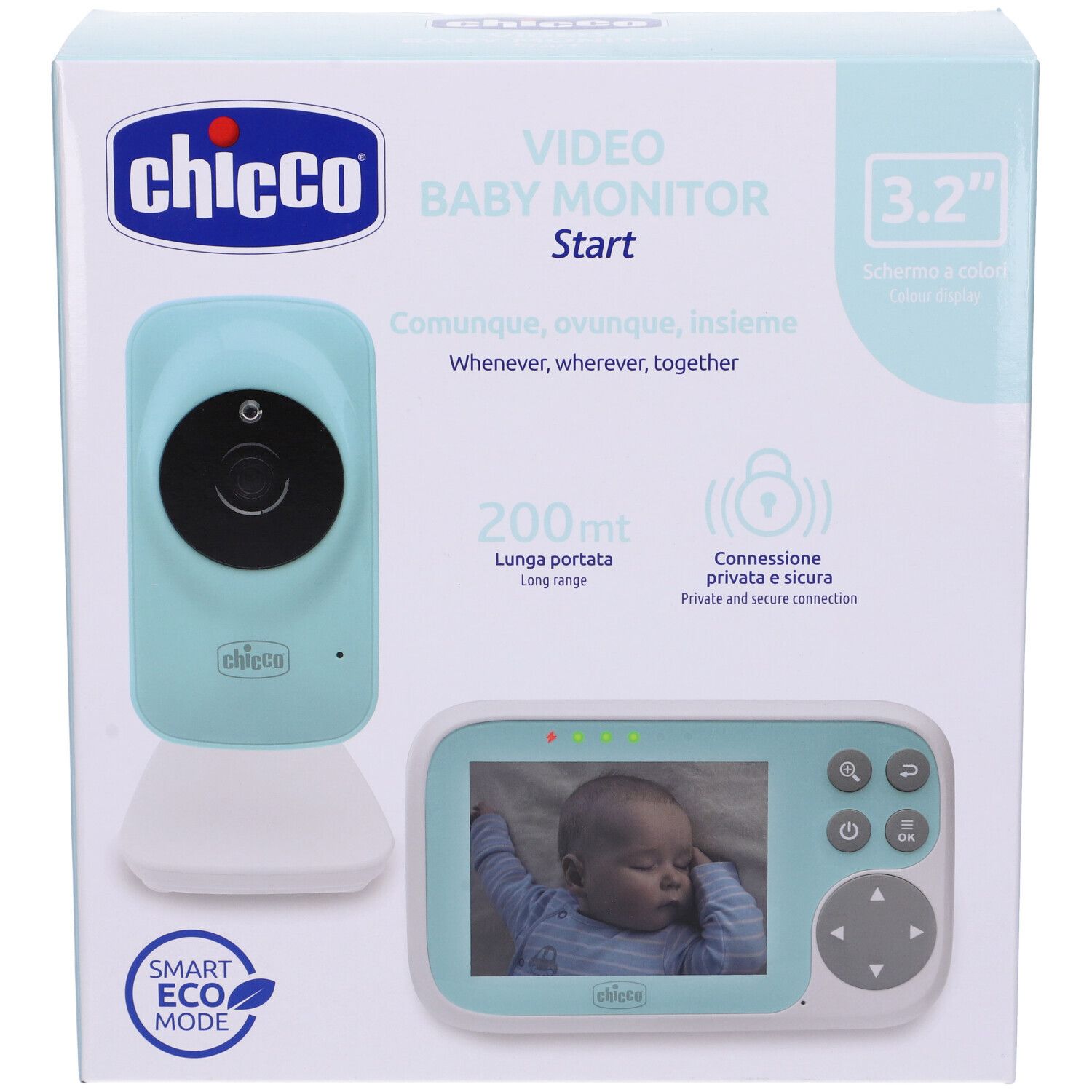 Chicco Video Baby Monitor Start. Confezione con monitor e telecamera. Schermo con bambino. Elementi blu e bianchi.