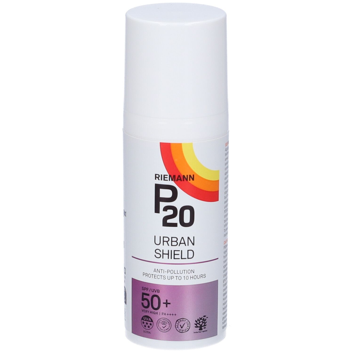 Weiße Flasche mit Riemann P20 Urban Shield SPF50+. Farbverlauf, Schriftzug, Logos.