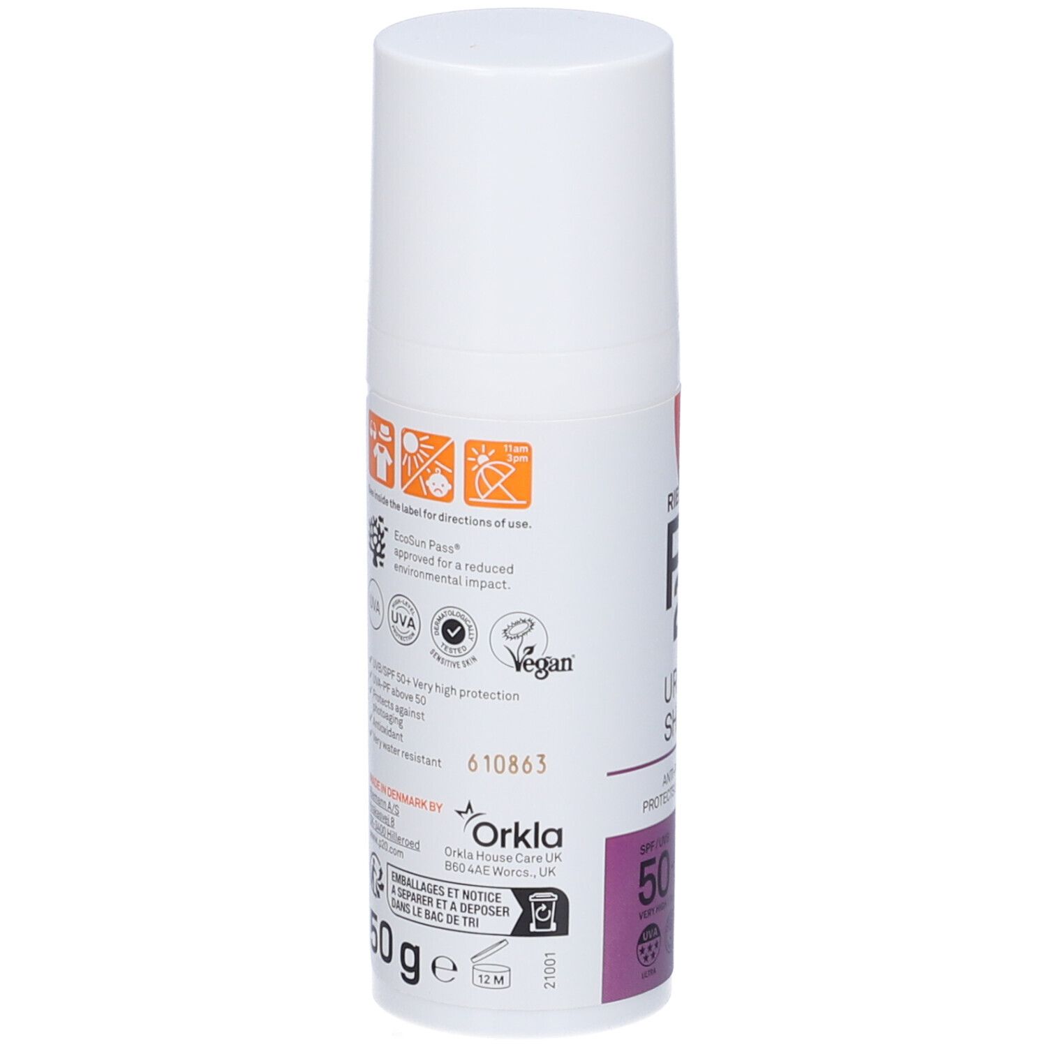 Rückseite der weißen Flasche Riemann P20 Urban Shield SPF50+. Text, Logos, Symbole.