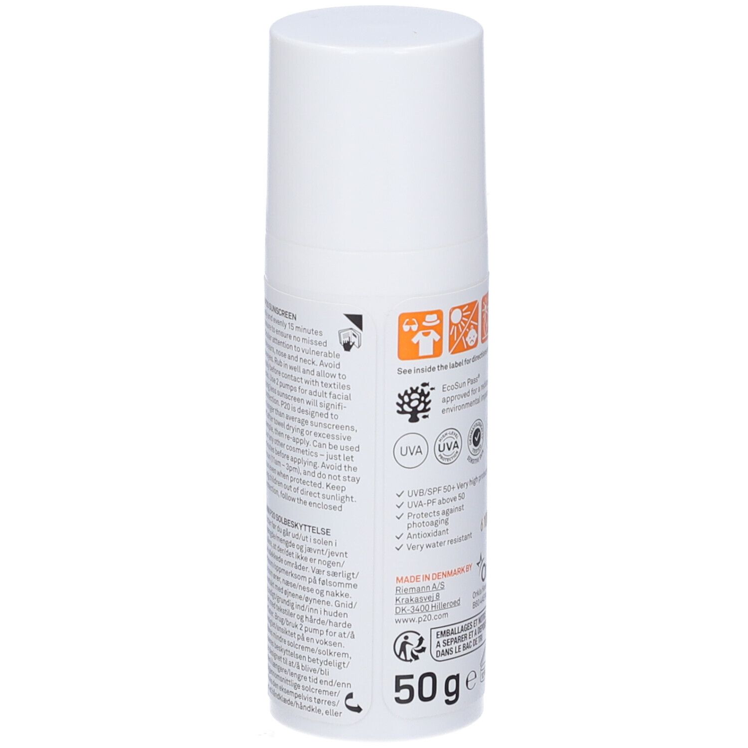 Rückseite der weißen Flasche Riemann P20 SPF50+. Text, Symbole, Anweisungen.